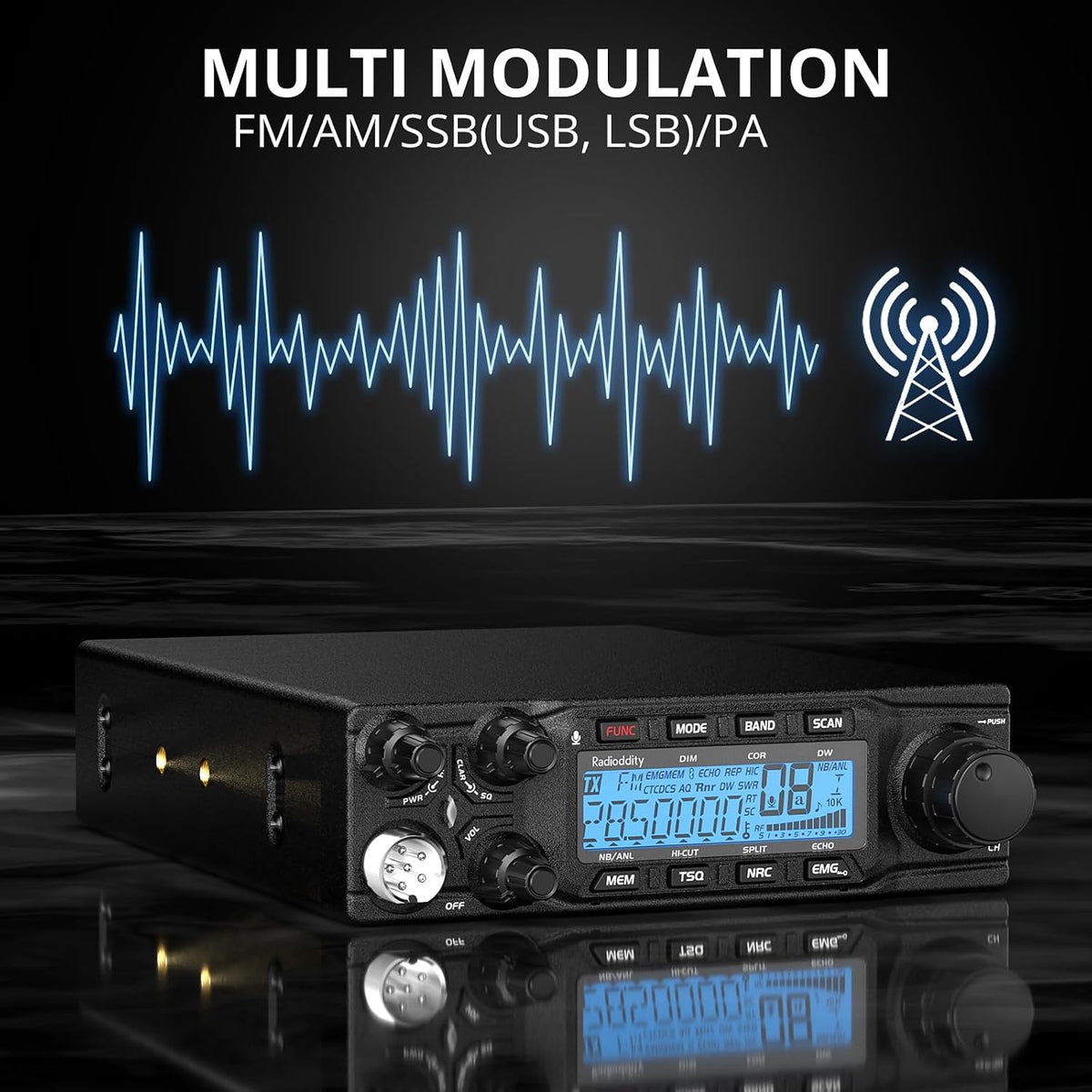Radioddity QT80 10 Meter Mobile Ham Radio SSB/AM/FM/PA 80W, CTCSS/DCS | RX/TX Noise Reduction Amateur Transceiver, Large LCD Display, ASQ SWR High Alert for Trucks, Road Trips, Vehicle