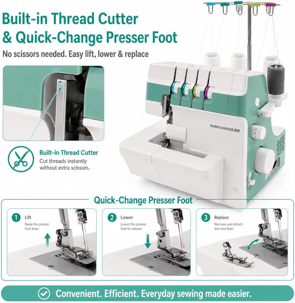 Industrial Electric Serger, 4/3/2 Thread Serger, Electric Overlock Sewing Machine, Metal Frame Overlock Machine with LED Light, 1200 Stitches for Garment Shop & Home Sewing