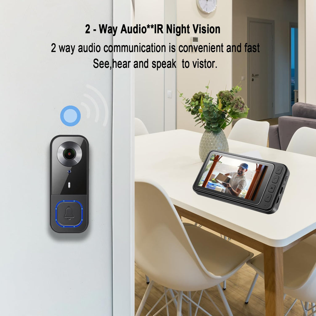 Video Doorbell Wireless with Screen 1080p, No Subscription Door Bell Camera with Monitor Screen, Local Storage NO WiFi and APP Needed, Video Intercom Two-Way Audio,160° View,Night Vision