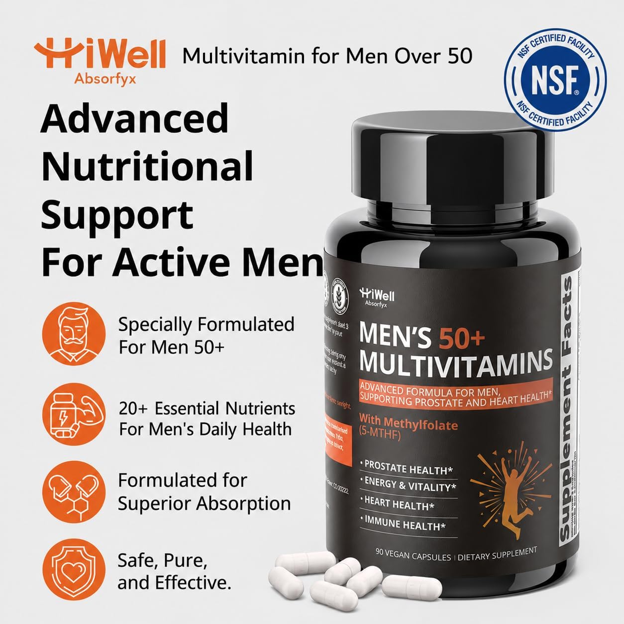 Multivitamin for Men Over 50 W/CoQ10, Methylfolate, Saw Palmetto, 90 Count | Energy Support, Prostate Health, Immune Support, Third-Party Tested, Vegan Capsules, High Absorption, 30+ nutrients, non-GMO