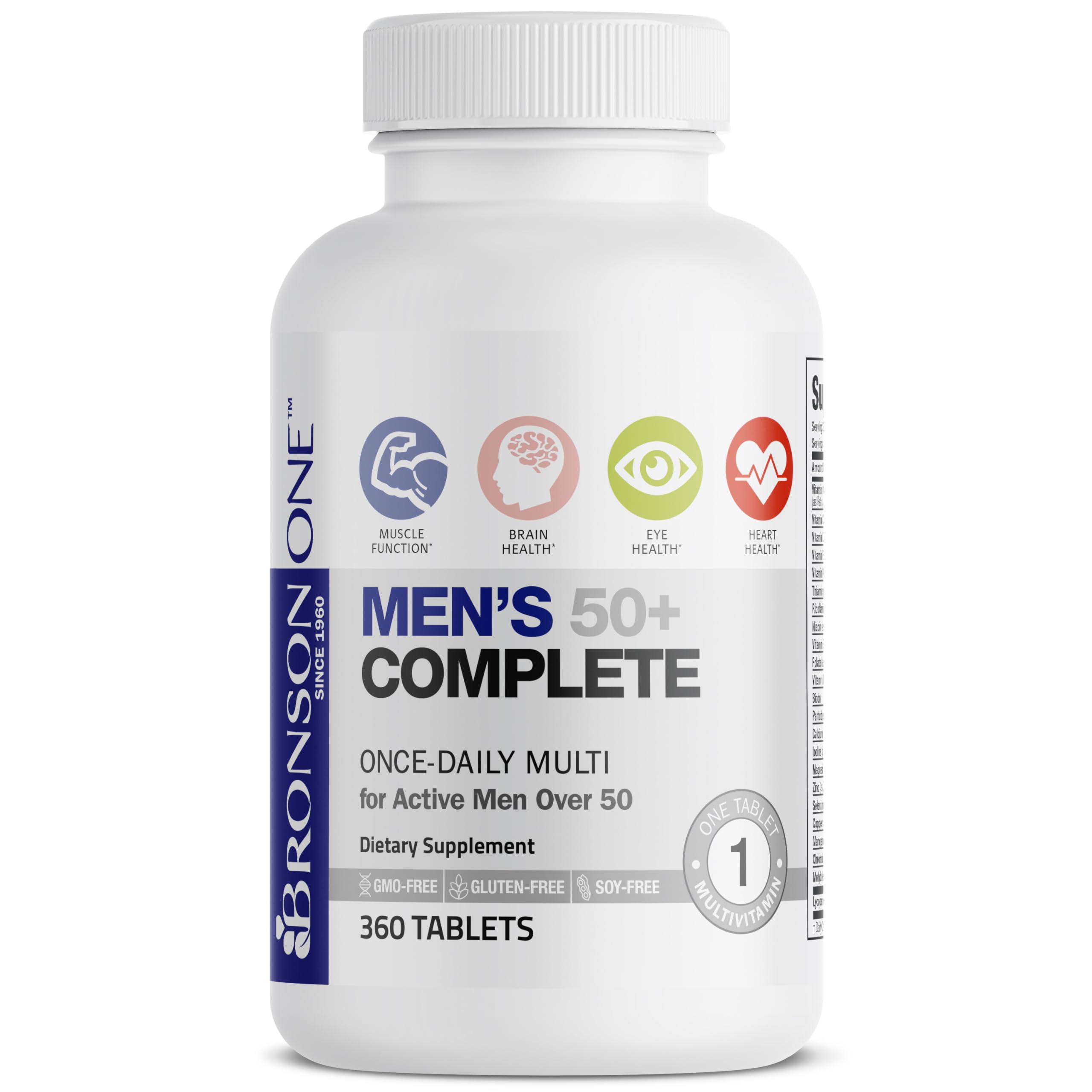 Bronson ONE Daily Mens 50+ Complete Multivitamin Multimineral, 90 Tablets | Once-Daily, Targeted Nutrition For Active Men Over 50, Non-GMO, Gluten-Free, Soy-Free