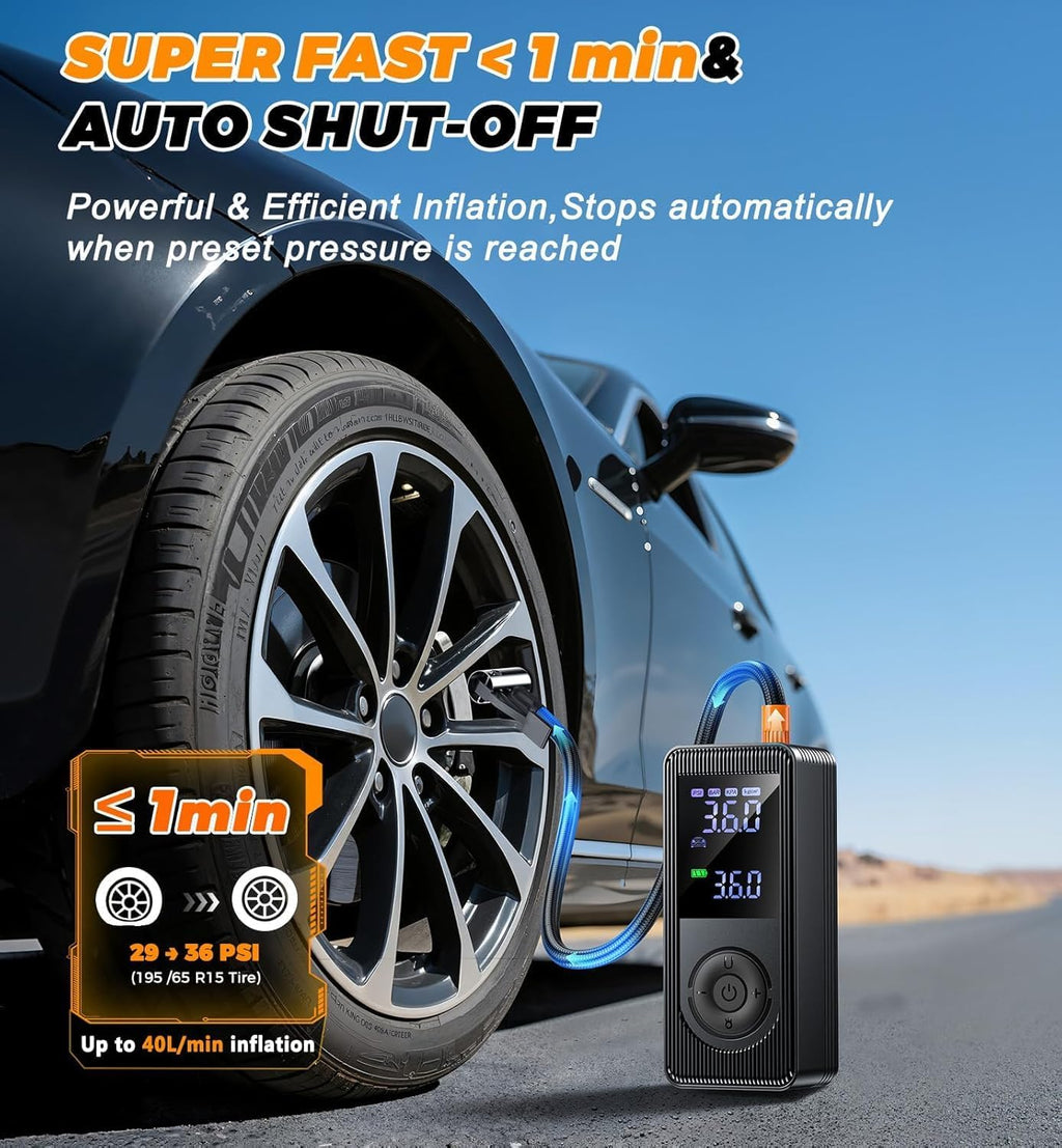 Tire Inflator Portable Air Compressor - 150 PSI 4X Fast Inflation Rechargeable Battery & 12V DC Adapter Powered Air Pump for Car Bike Motorcycle Tires Balls with LCD Display, LED Light