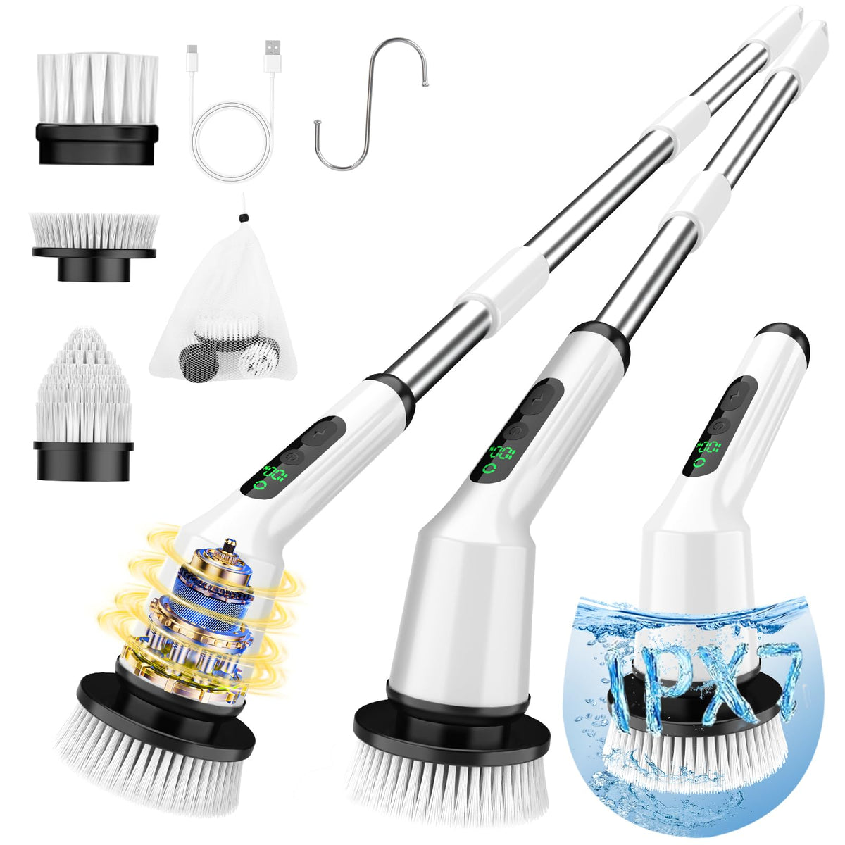 Electric Spin Scrubber for Cleaning Bathroom, Shower Scrubber Cordless Cleaning Brush with IPX7 Waterproof & 2 Speed, 3 Brush Heads, Bathroom Cleaning Supplies for Shower Tub Kitchen Tile Toilet