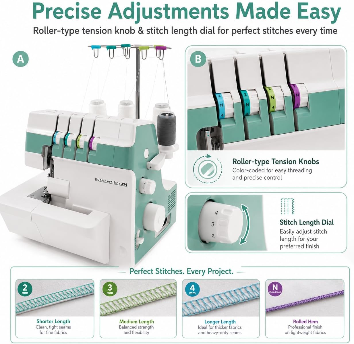 Industrial Electric Serger, 4/3/2 Thread Serger, Electric Overlock Sewing Machine, Metal Frame Overlock Machine with LED Light, 1200 Stitches for Garment Shop & Home Sewing