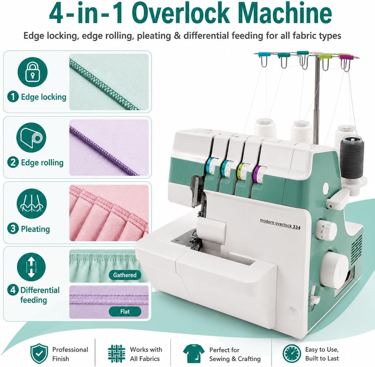 Industrial Electric Serger, 4/3/2 Thread Serger, Electric Overlock Sewing Machine, Metal Frame Overlock Machine with LED Light, 1200 Stitches for Garment Shop & Home Sewing