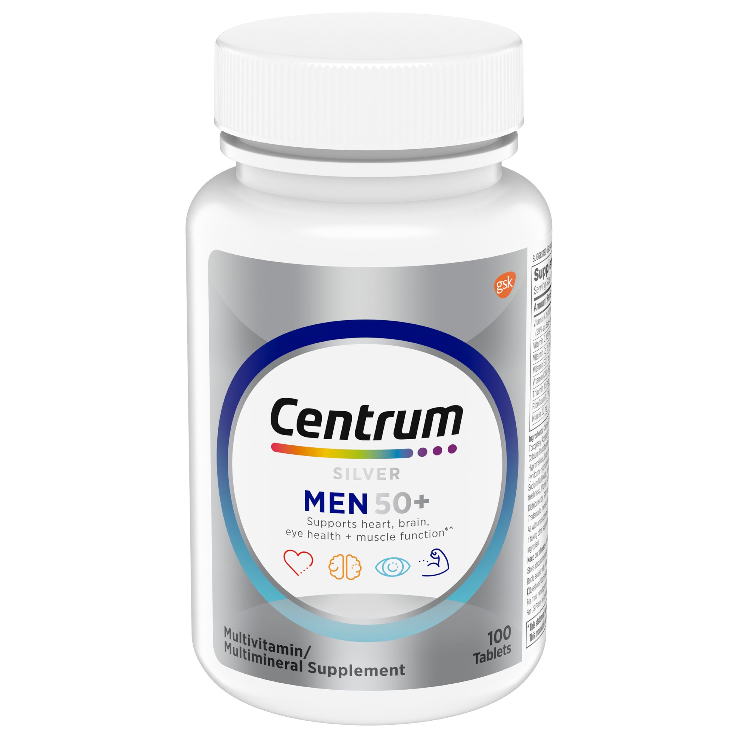 Centrum Silver Men's 50+ Multivitamin with Vitamin D3, B-Vitamins, Zinc for Memory and Cognition - 200 Tablets | Contains Vitamins D3, E, B6, and B12, Gluten Free, Non-GMO Ingredients, GLP-1 Support
