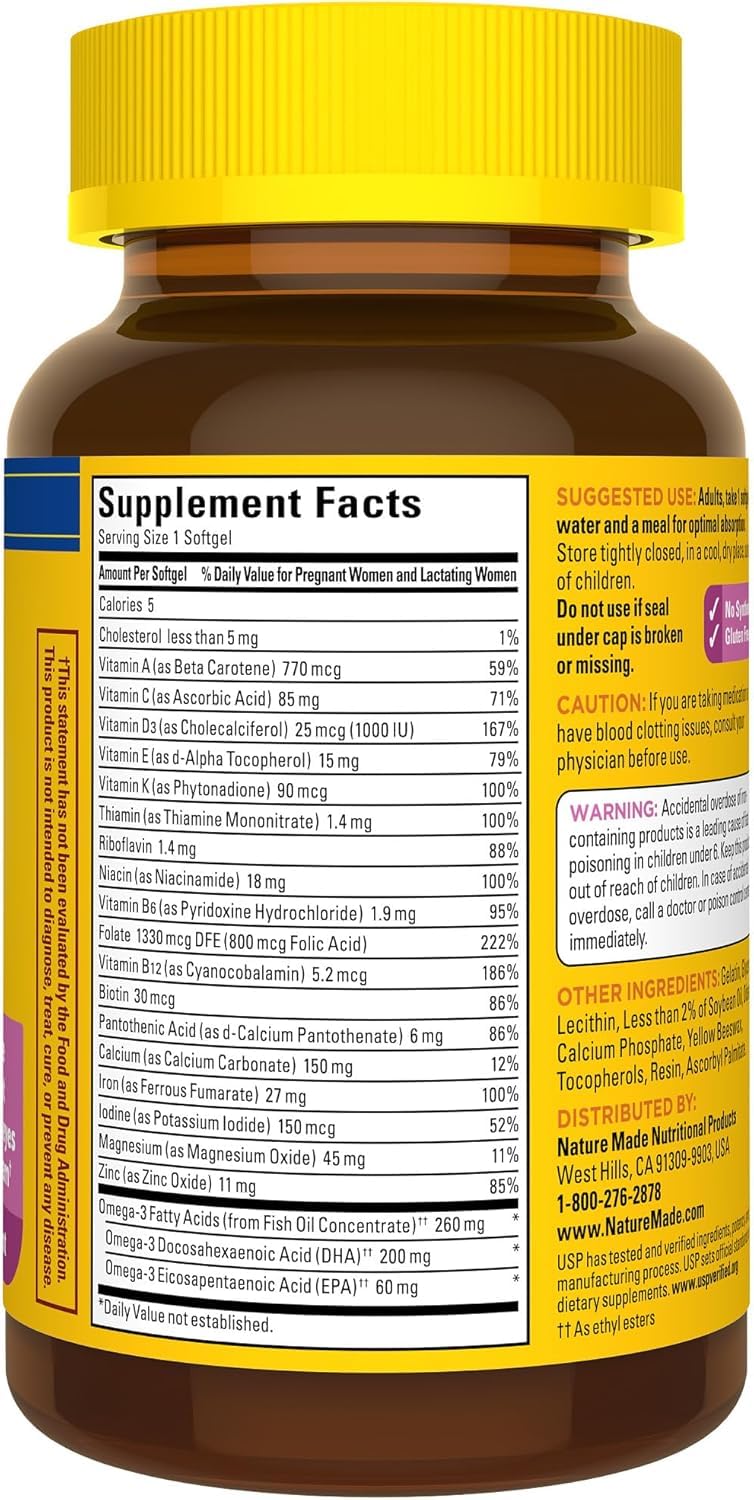 Nature Made Prenatal Vitamins for Women with Folic Acid + DHA, 110 Softgels | Prenatal Vitamin and Mineral Supplement for Daily Nutritional Support, With Folic Acid and 19 Other Nutrients, 110 Day Supply