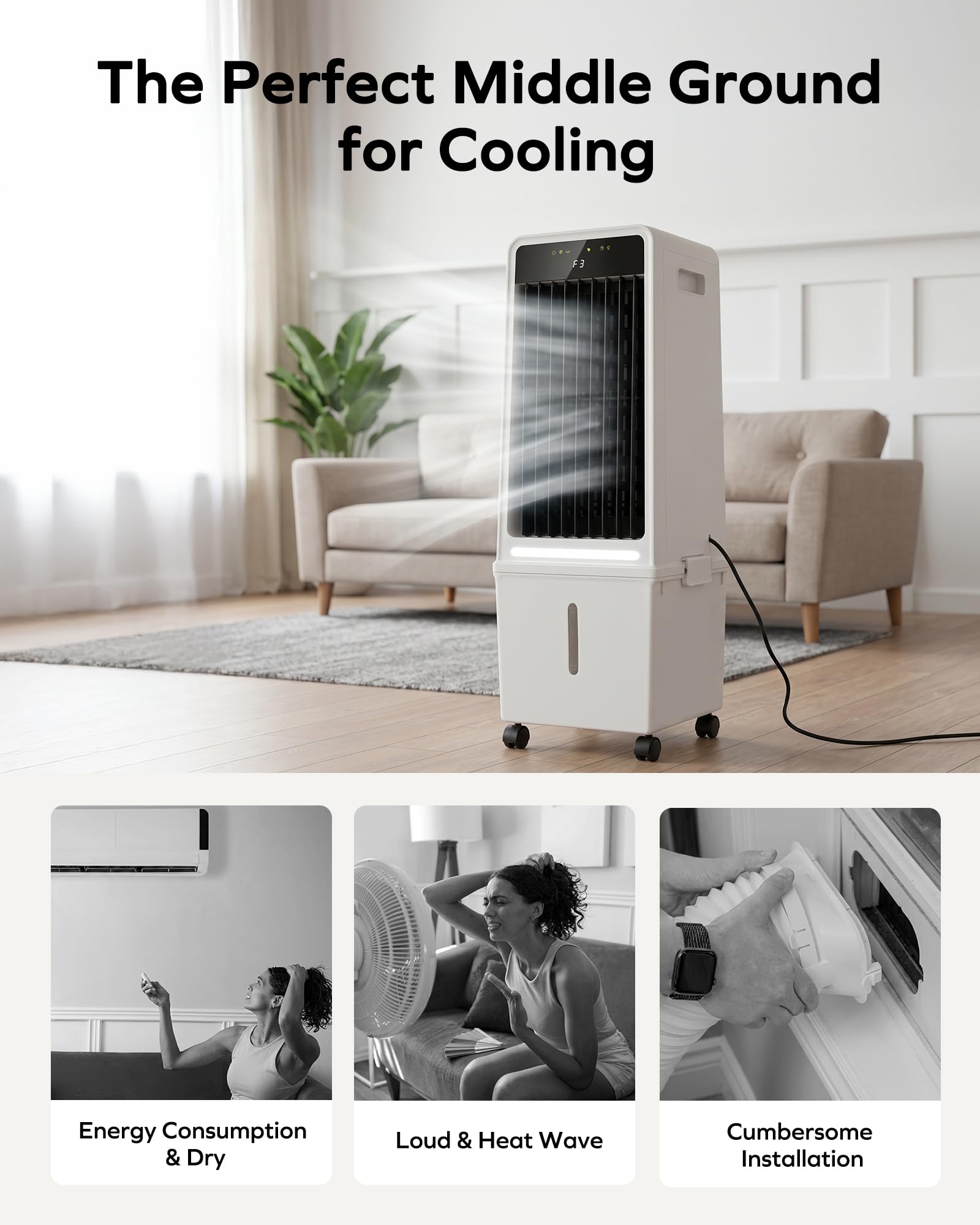 Air Choice Swamp Cooler, 46" Tower Cooling Fans that Blow Cold Air, 4.5Gal Removable Water Tank, 4 Ice Packs, 60° Oscillation, 3 Speeds, 12H Timer, Portable Evaporative Air Cooler for Bedroom Office