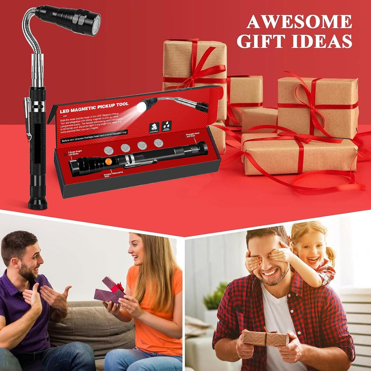 LED Magnetic Pickup Tool, Gifts for Men Husband Him Dad, Father's Day Birthday Gifts, Telescoping Flashlight Magnet Pick Up, Gadgets Tool for Mechanics Engineers
