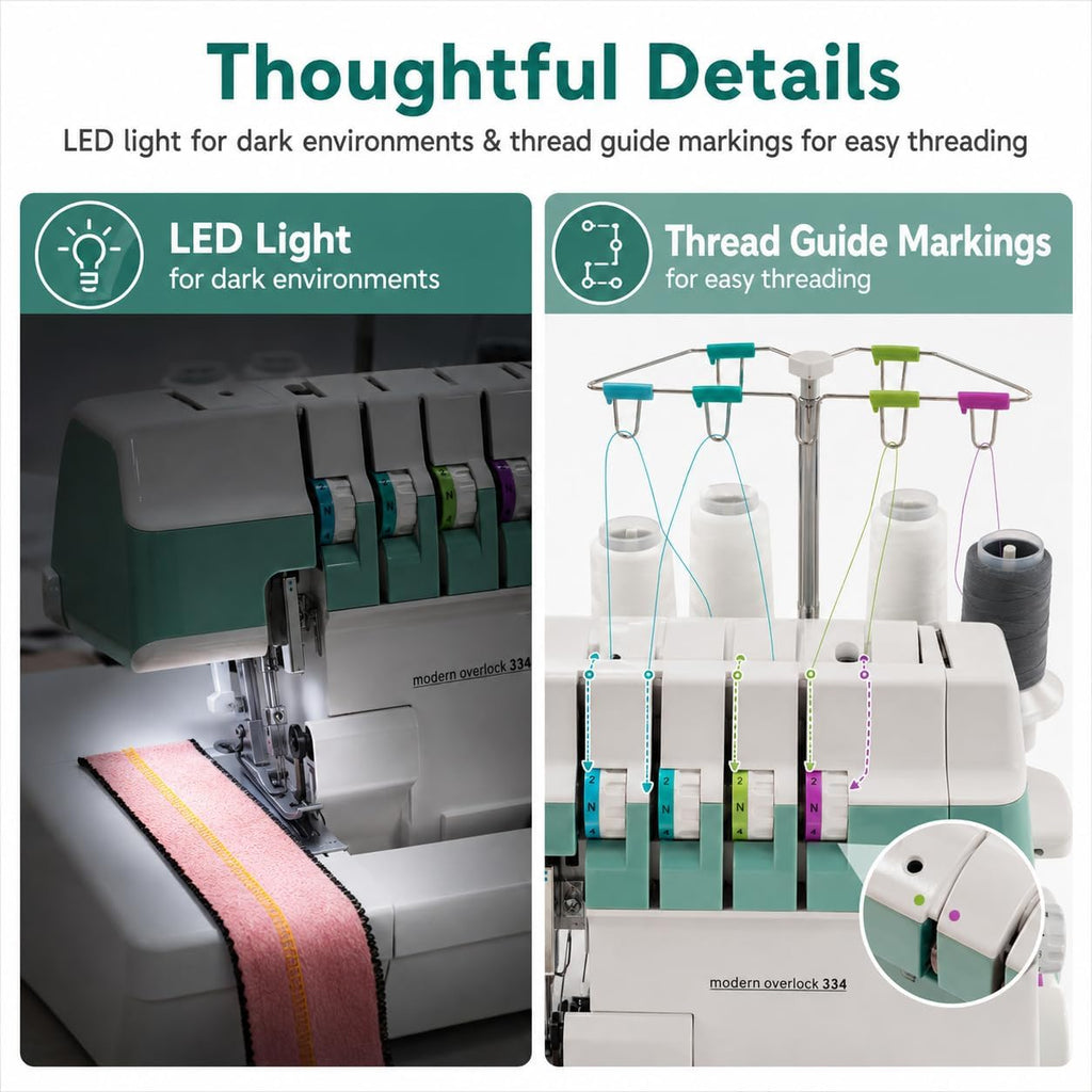 Industrial Electric Serger, 4/3/2 Thread Serger, Electric Overlock Sewing Machine, Metal Frame Overlock Machine with LED Light, 1200 Stitches for Garment Shop & Home Sewing