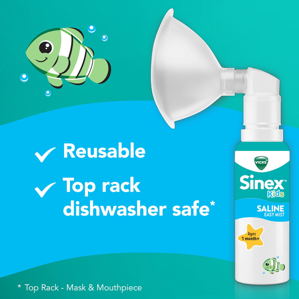 Vicks Sinex Kids Saline Easy Mist, Drug Free Saline, Ages 1 Month+, Gently Clears and Soothes Everyday Stuffy Noses, Safe for Daily Use, 1.7 OZ
