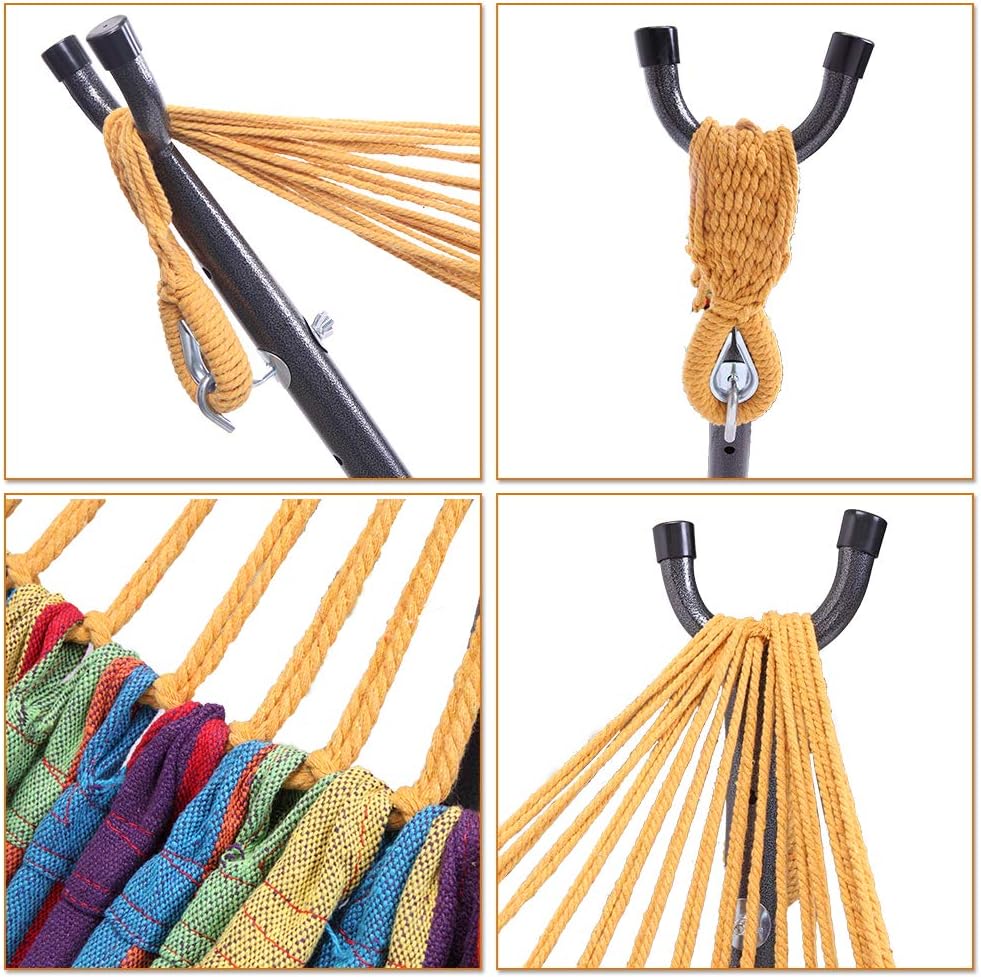 Portable Outdoor Hammock with Stand, Heavy Duty Steel Frame and Carrying Bag, Multi-Color Striped Polyester Fabric Hammock for Patio, Garden, Backyard & Camping, 250lbs Capacity