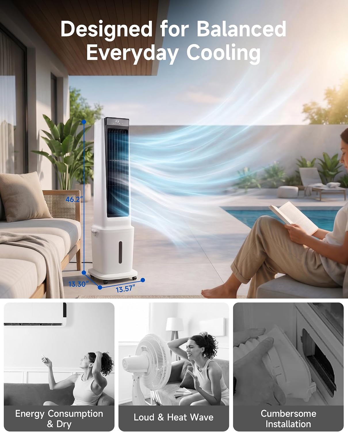 Air Choice Swamp Cooler, 46" Tower Cooling Fans that Blow Cold Air, 4.5Gal Removable Water Tank, 4 Ice Packs, 60° Oscillation, 3 Speeds, 12H Timer, Portable Evaporative Air Cooler for Bedroom Office