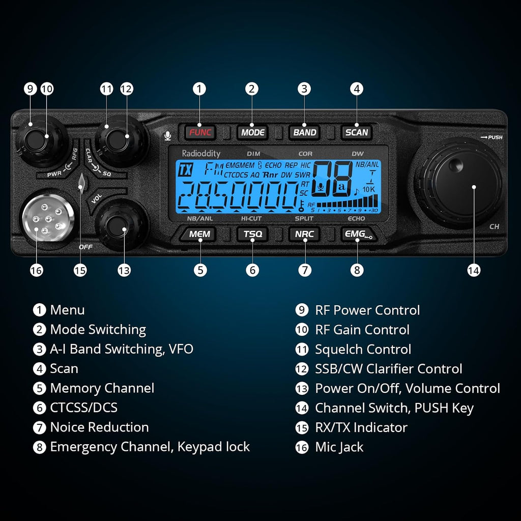 Radioddity QT80 10 Meter Mobile Ham Radio SSB/AM/FM/PA 80W, CTCSS/DCS | RX/TX Noise Reduction Amateur Transceiver, Large LCD Display, ASQ SWR High Alert for Trucks, Road Trips, Vehicle