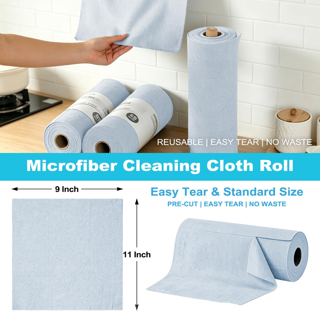 Puomue 55 Pack Microfiber Cleaning Cloth Roll, Tear Away Reusable Paper Towels, 11" x 9", Ultra Absorbent & Lint Free Microfiber Cloth for Cleaning Cars, Kitchen, Window, Home and Shop, Grey