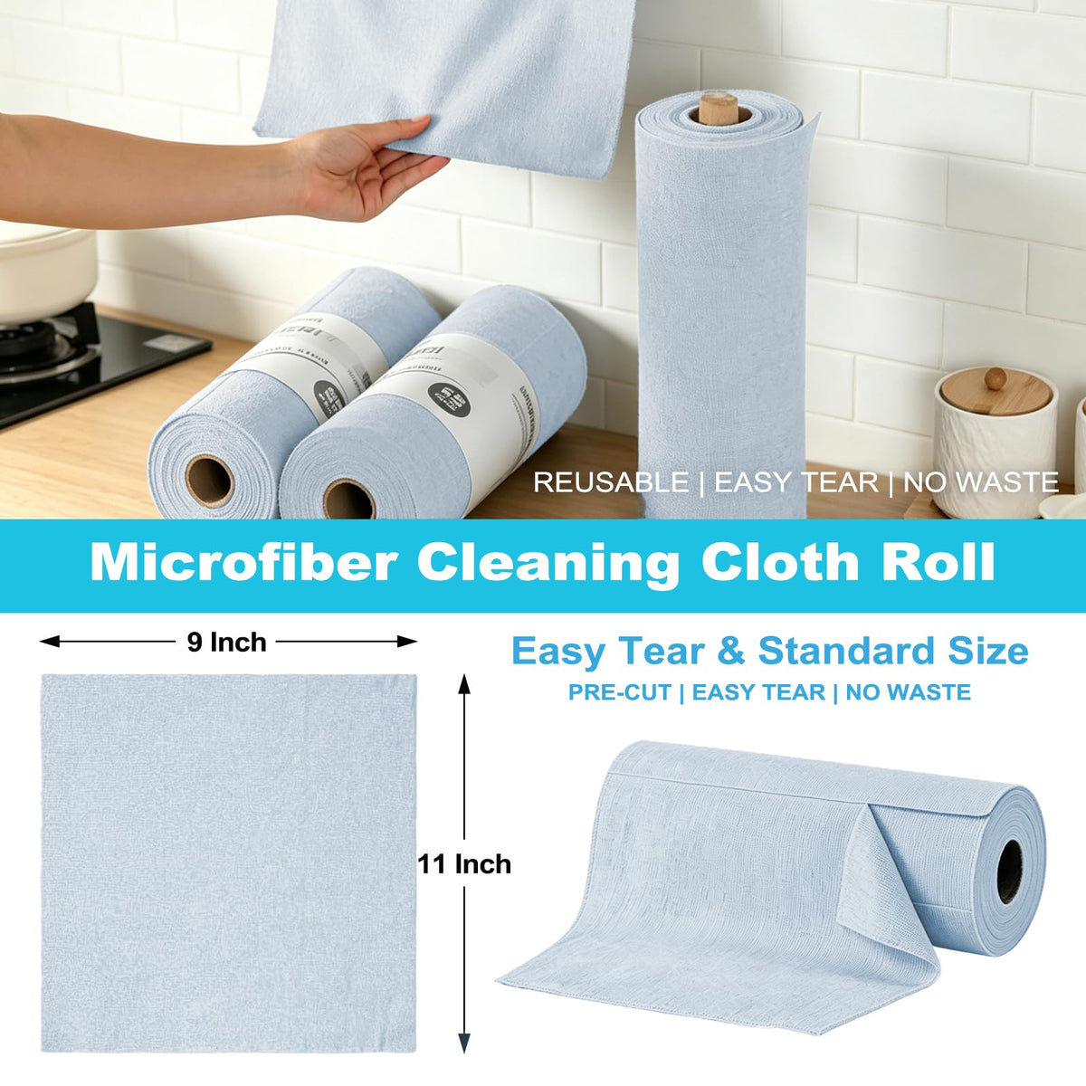 Puomue 55 Pack Microfiber Cleaning Cloth Roll, Tear Away Reusable Paper Towels, 11" x 9", Ultra Absorbent & Lint Free Microfiber Cloth for Cleaning Cars, Kitchen, Window, Home and Shop, Grey
