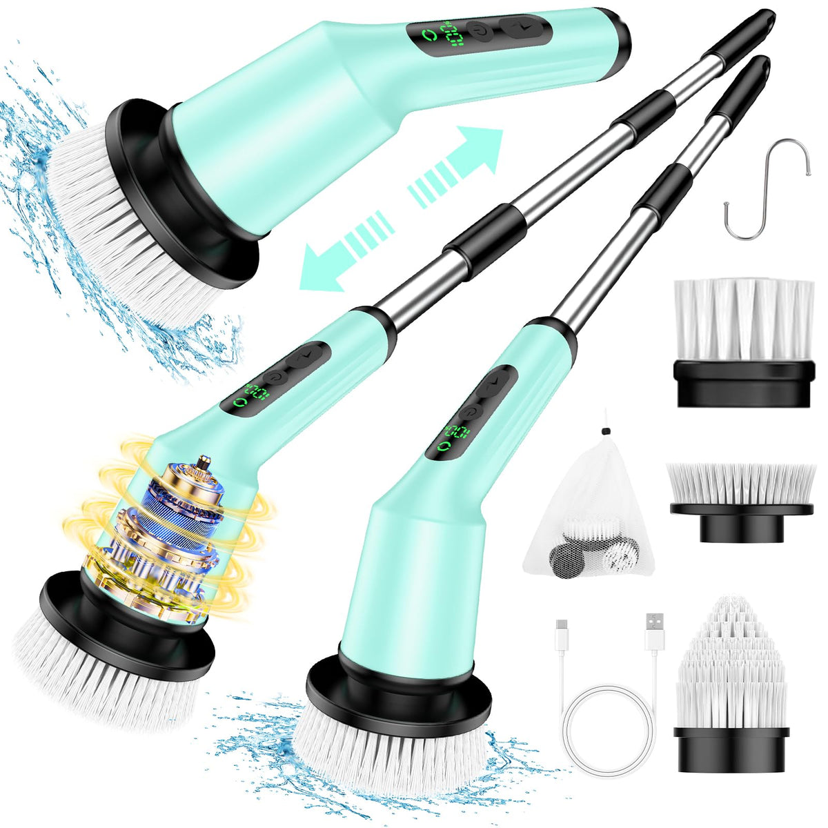 Electric Spin Scrubber for Cleaning Bathroom, Shower Scrubber Cordless Cleaning Brush with IPX7 Waterproof & 2 Speed, 3 Brush Heads, Bathroom Cleaning Supplies for Shower Tub Kitchen Tile Toilet