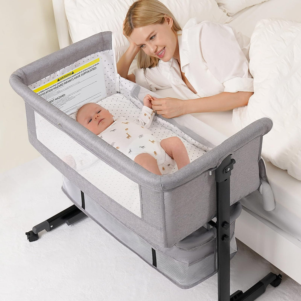 Baby Bassinet, 3 in 1 Bedside Bassinets for Baby, Bassinet Bedside Sleeper with Wheels, Adjustable Height with Rocking Mode, Breathable Mesh, Storage Basket, Easy Assemble & Folding (Dark Gray)