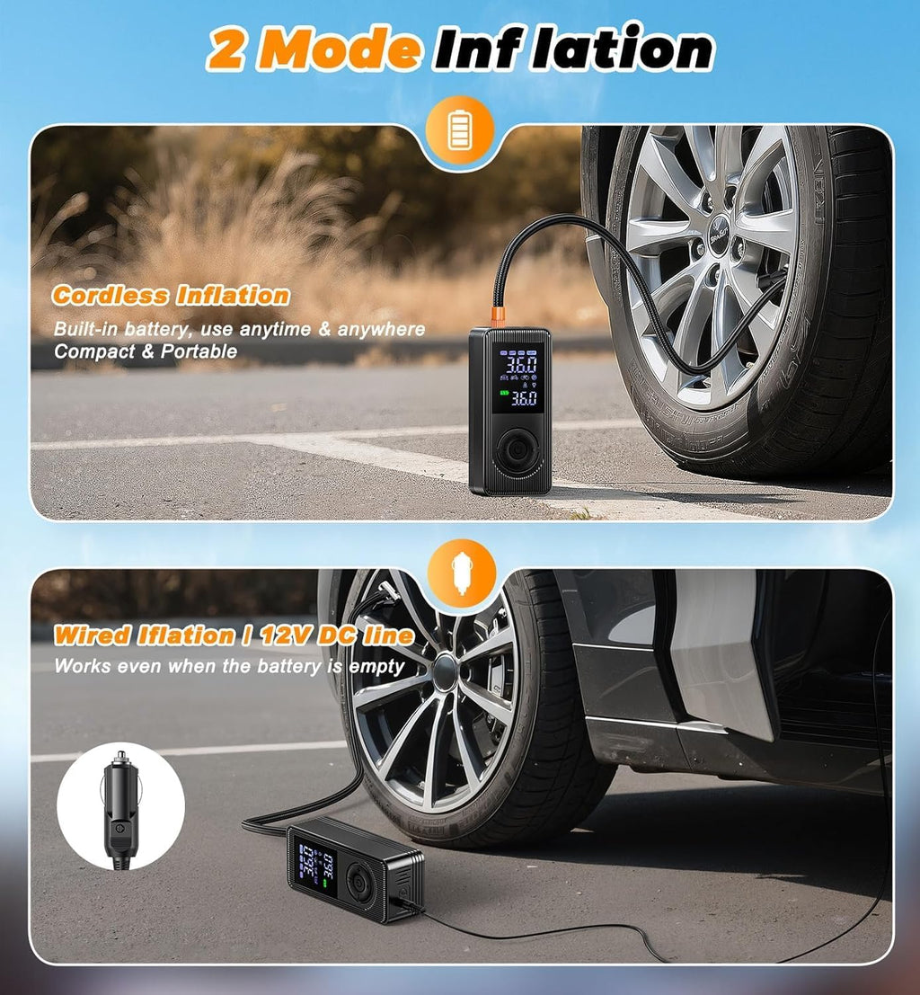 Tire Inflator Portable Air Compressor - 150 PSI 4X Fast Inflation Rechargeable Battery & 12V DC Adapter Powered Air Pump for Car Bike Motorcycle Tires Balls with LCD Display, LED Light