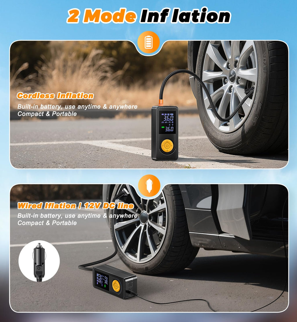 Tire Inflator Portable Air Compressor - 150 PSI 4X Fast Inflation Rechargeable Battery & 12V DC Adapter Powered Air Pump for Car Bike Motorcycle Tires Balls with LCD Display, LED Light