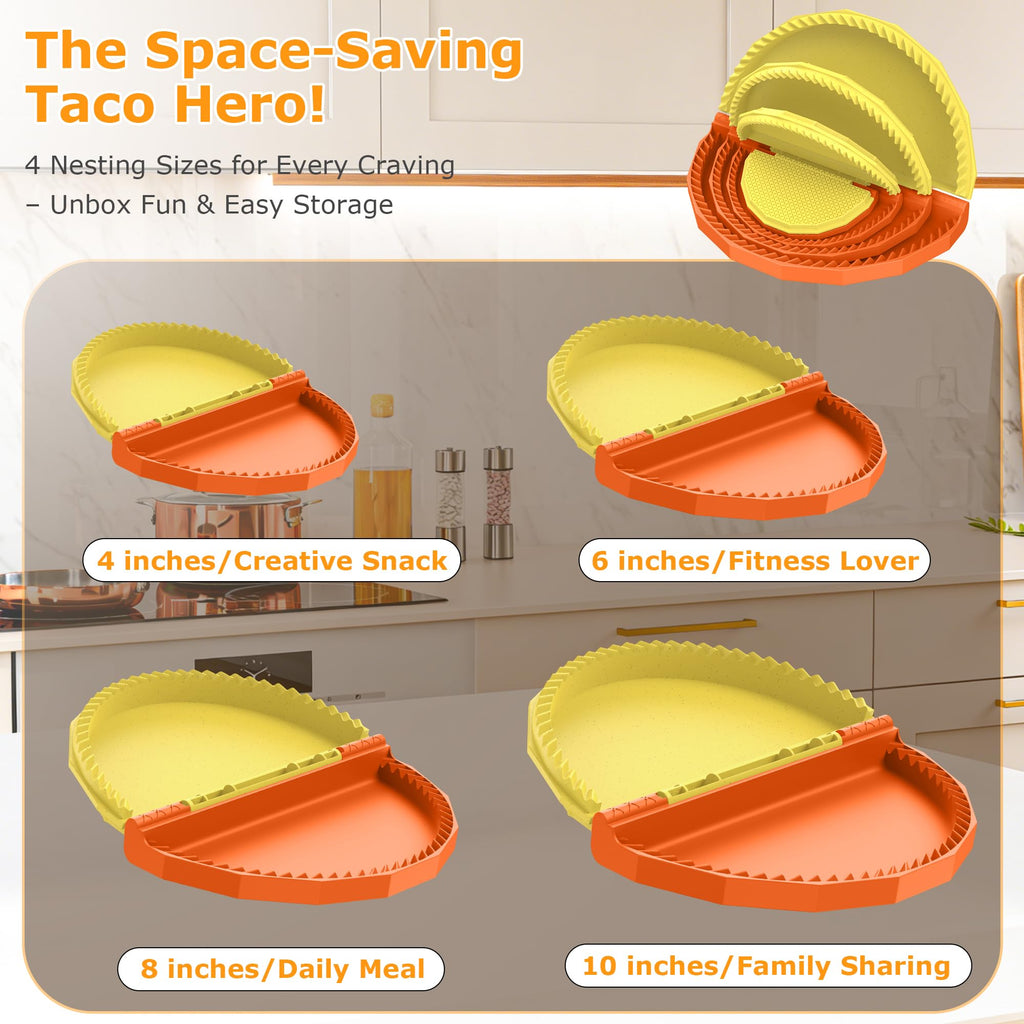 Tortilla Sealer Crimper - Quesadilla Maker for 10"+8"+6"+4" Flour Tortillas | 4pcs Press Make Sealed Taco,Quesadilla,Empanada,Burrito,Dumpling,Sandwich,BPA-Free,Dishwasher Safe (Black Yellow)