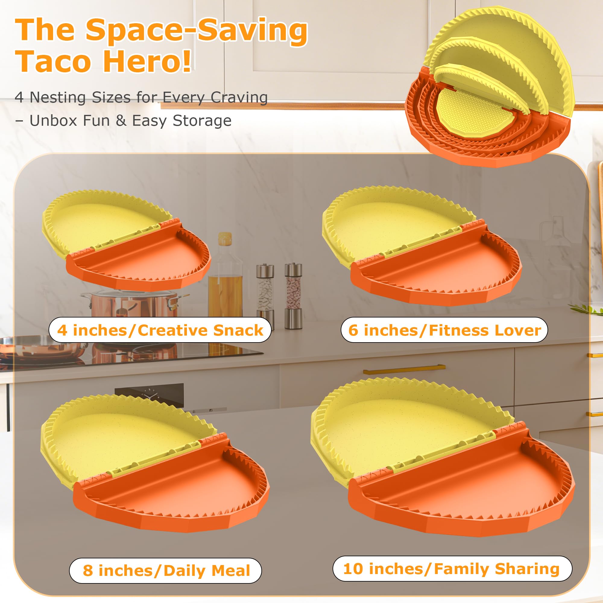 Tortilla Sealer Crimper - Quesadilla Maker for 10"+8"+6"+4" Flour Tortillas | 4pcs Press Make Sealed Taco,Quesadilla,Empanada,Burrito,Dumpling,Sandwich,BPA-Free,Dishwasher Safe (Black Yellow)