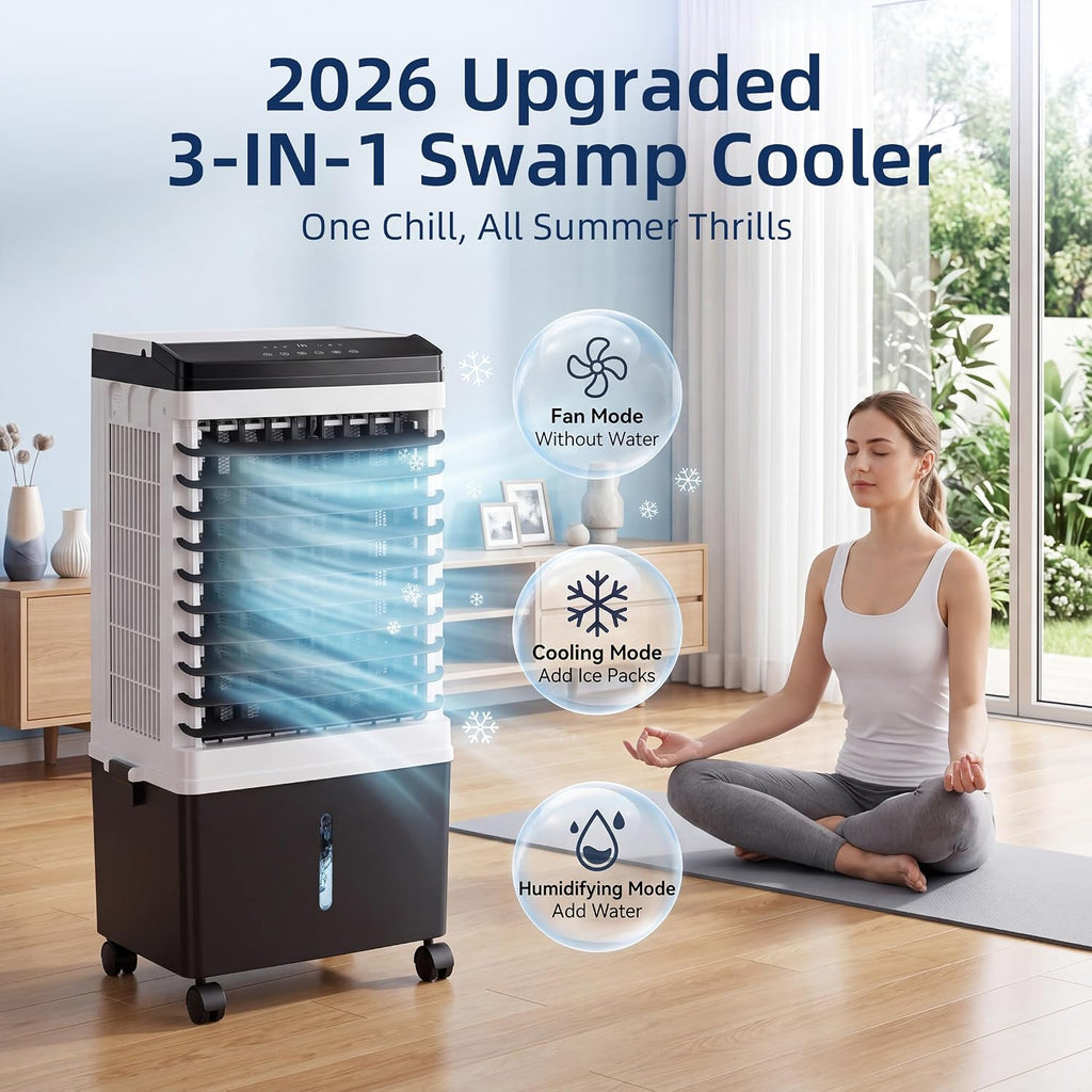 Swamp Cooler, 1800 CFM Windowless Portable Air Conditioner with 5.3 Gal Water Tank, 120° Swing, 12H Timer, 3-IN-1 Evaporative Air Cooler for 600 Sq.ft, Cooling Fan, AC Unit for Room, Office, Bedroom