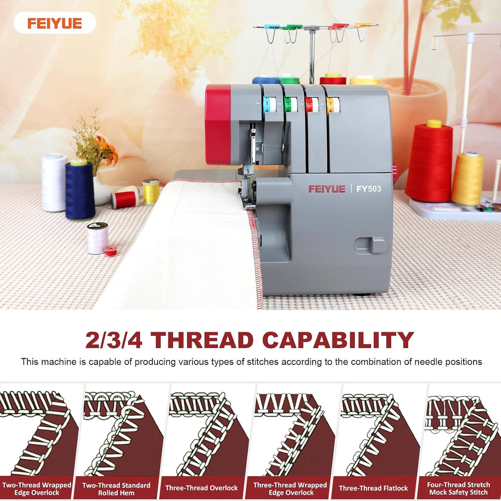 FEIYUE FY503 Serger Overlock Machine, 2/3/4-Thread Capability | Built‑in Rolled Hem, Adjustable Differential Feed, Durable Metal Frame, 1100 SPM