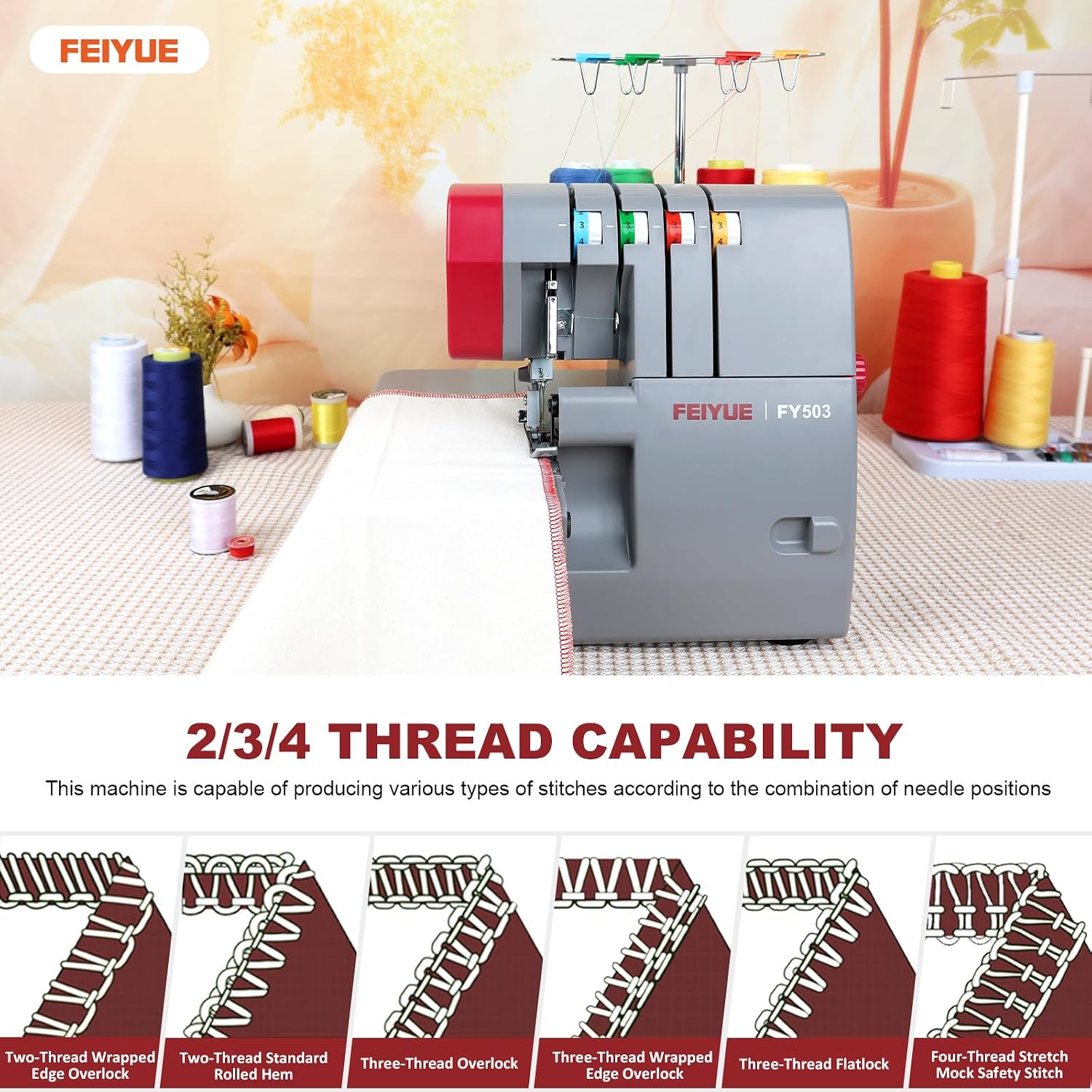 FEIYUE FY503 Serger Overlock Machine, 2/3/4-Thread Capability | Built‑in Rolled Hem, Adjustable Differential Feed, Durable Metal Frame, 1100 SPM