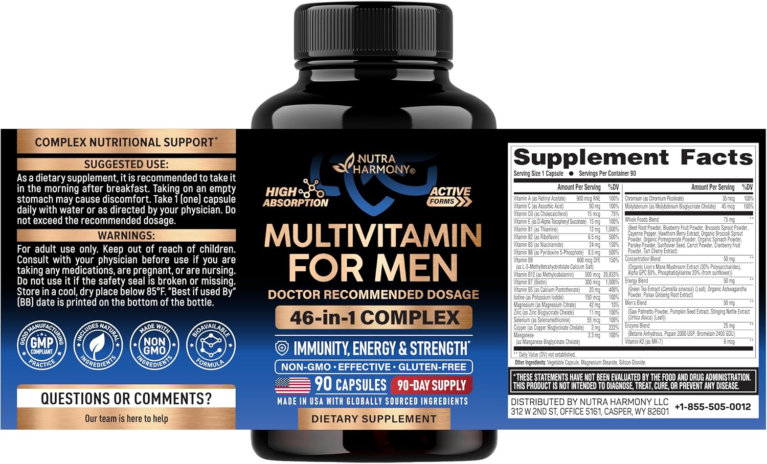 Multivitamin for Men - B-Complex & B12 | Whole Foods & Enzymes - 90 Caps | Mens Multivitamin 46in1 - Energy, Focus & Brain | Men's Health Complex - Bioavailable & Gentle on Stomach - Lab Tested, 1/Day