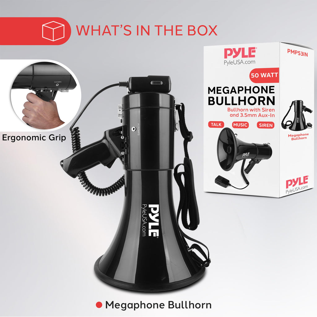 Pyle Portable Megaphone Speaker PA Bullhorn - Built-in Siren, 50W Adjustable Volume Control in 1200 Yard Range, Ideal for Any Outdoor Sports, Cheerleading Fans & Coaches, or for Safety Drills