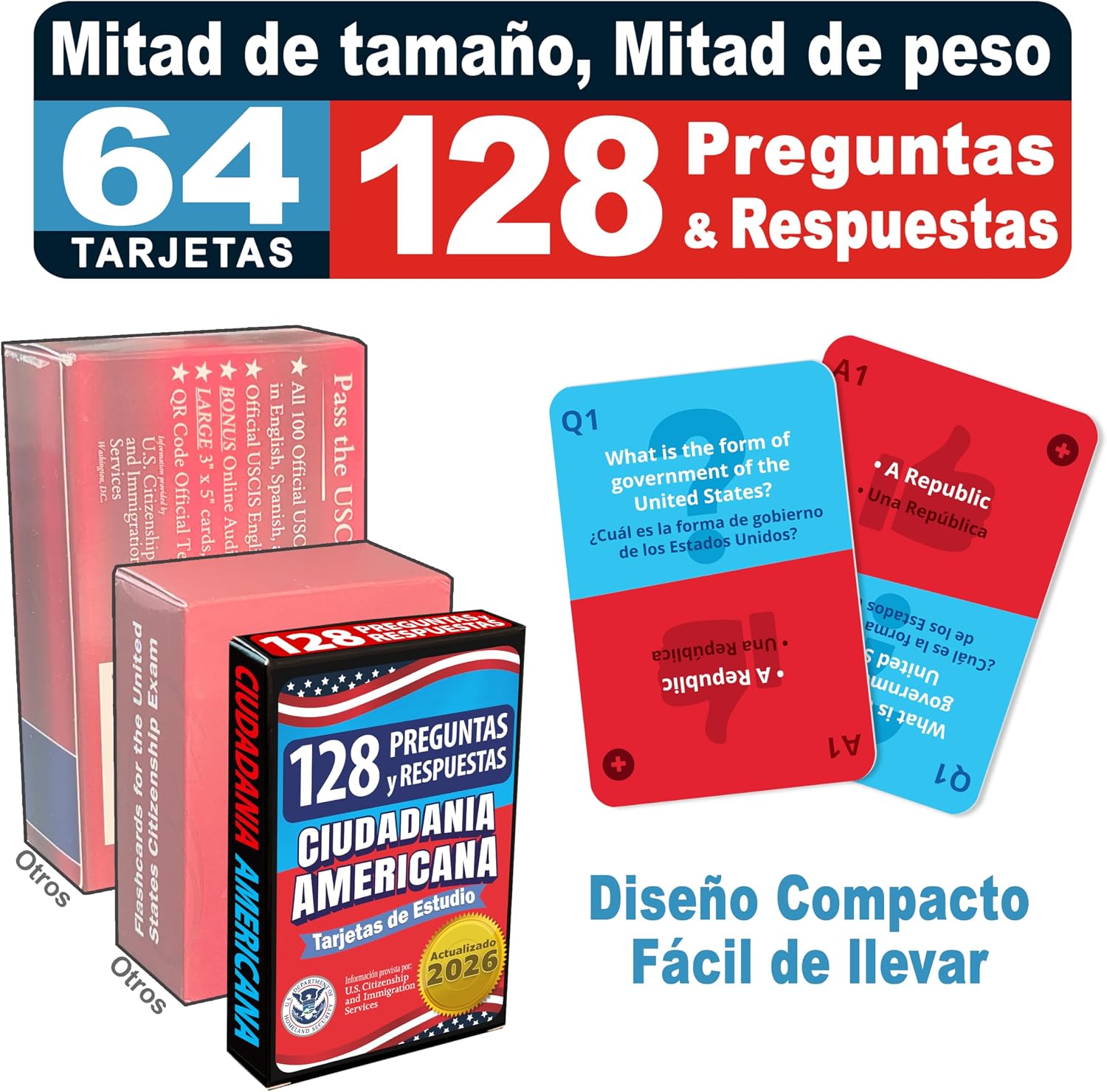 US Citizenship Flash Cards 2026, 128 USCIS Civics Questions and Answers Study Guide, Tarjetas de Ciudadania 2026 Inglés y Español, Preguntas para la Ciudadania 2026