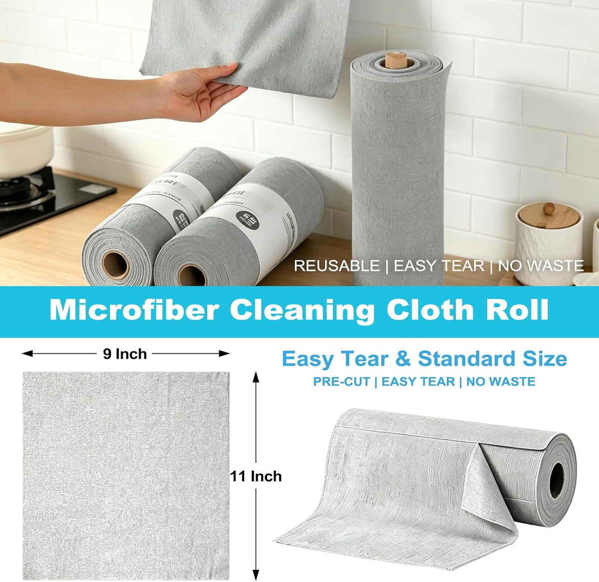 Puomue 55 Pack Microfiber Cleaning Cloth Roll, Tear Away Reusable Paper Towels, 11" x 9", Ultra Absorbent & Lint Free Microfiber Cloth for Cleaning Cars, Kitchen, Window, Home and Shop, Grey
