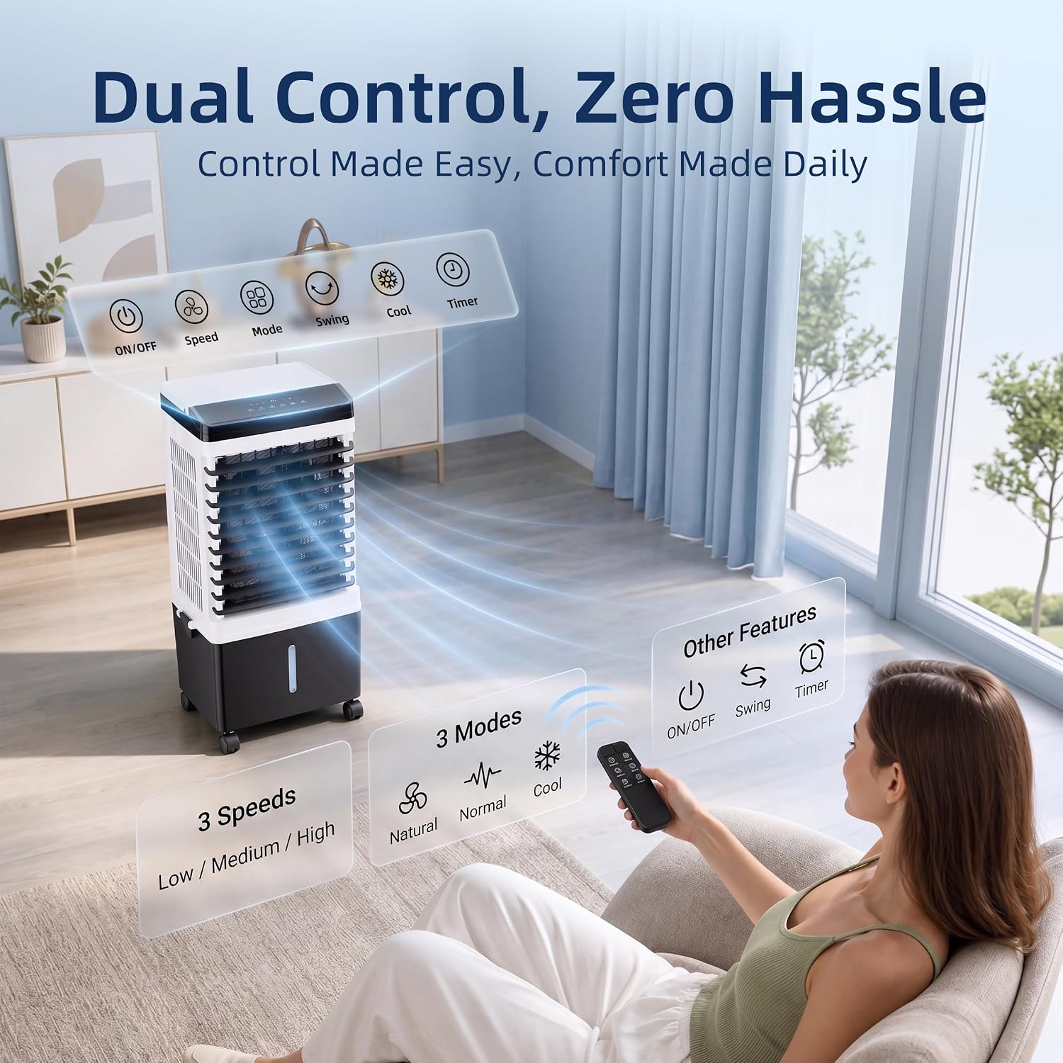 Swamp Cooler, 1800 CFM Windowless Portable Air Conditioner with 5.3 Gal Water Tank, 120° Swing, 12H Timer, 3-IN-1 Evaporative Air Cooler for 600 Sq.ft, Cooling Fan, AC Unit for Room, Office, Bedroom
