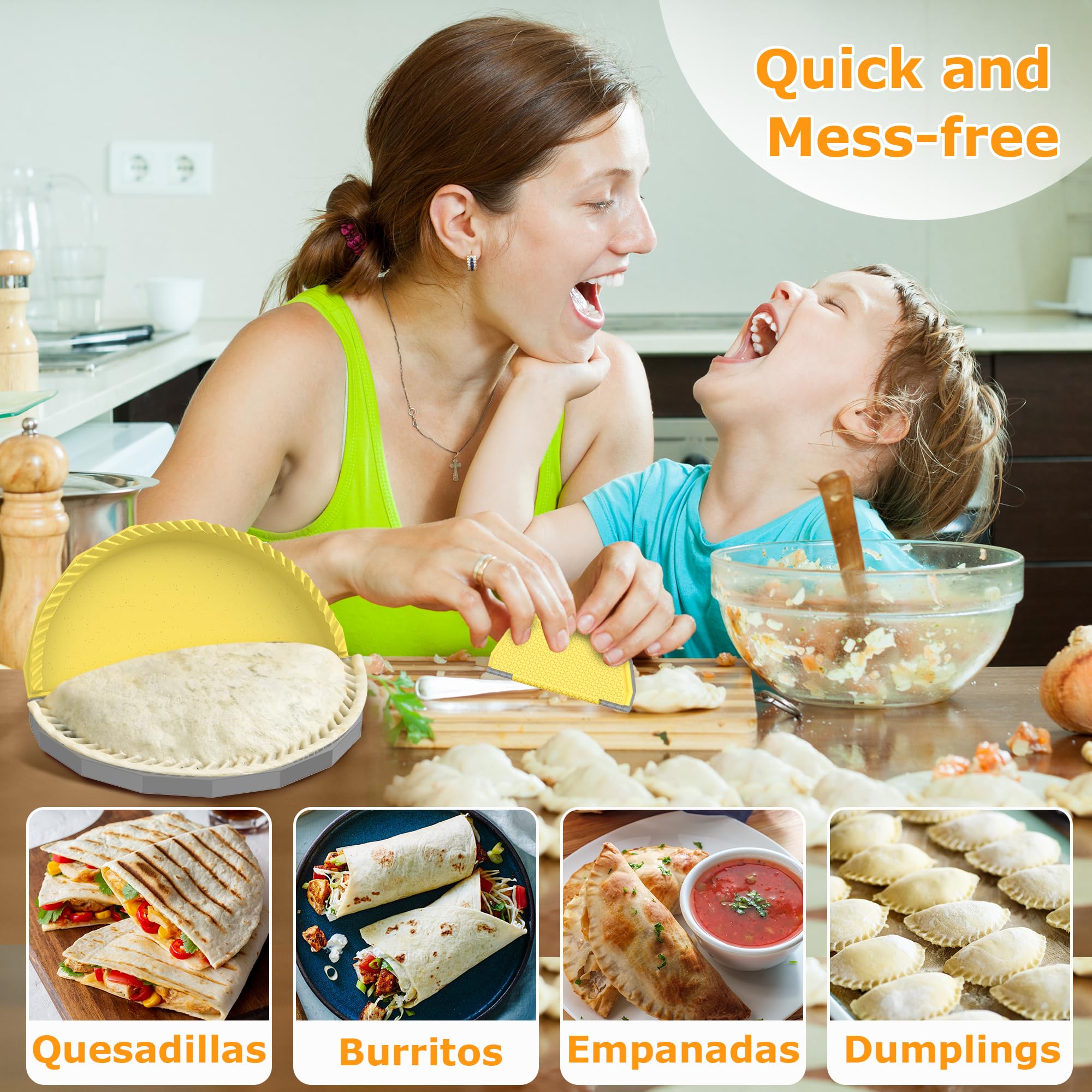 Tortilla Sealer Crimper - Quesadilla Maker for 10"+8"+6"+4" Flour Tortillas | 4pcs Press Make Sealed Taco,Quesadilla,Empanada,Burrito,Dumpling,Sandwich,BPA-Free,Dishwasher Safe (Black Yellow)