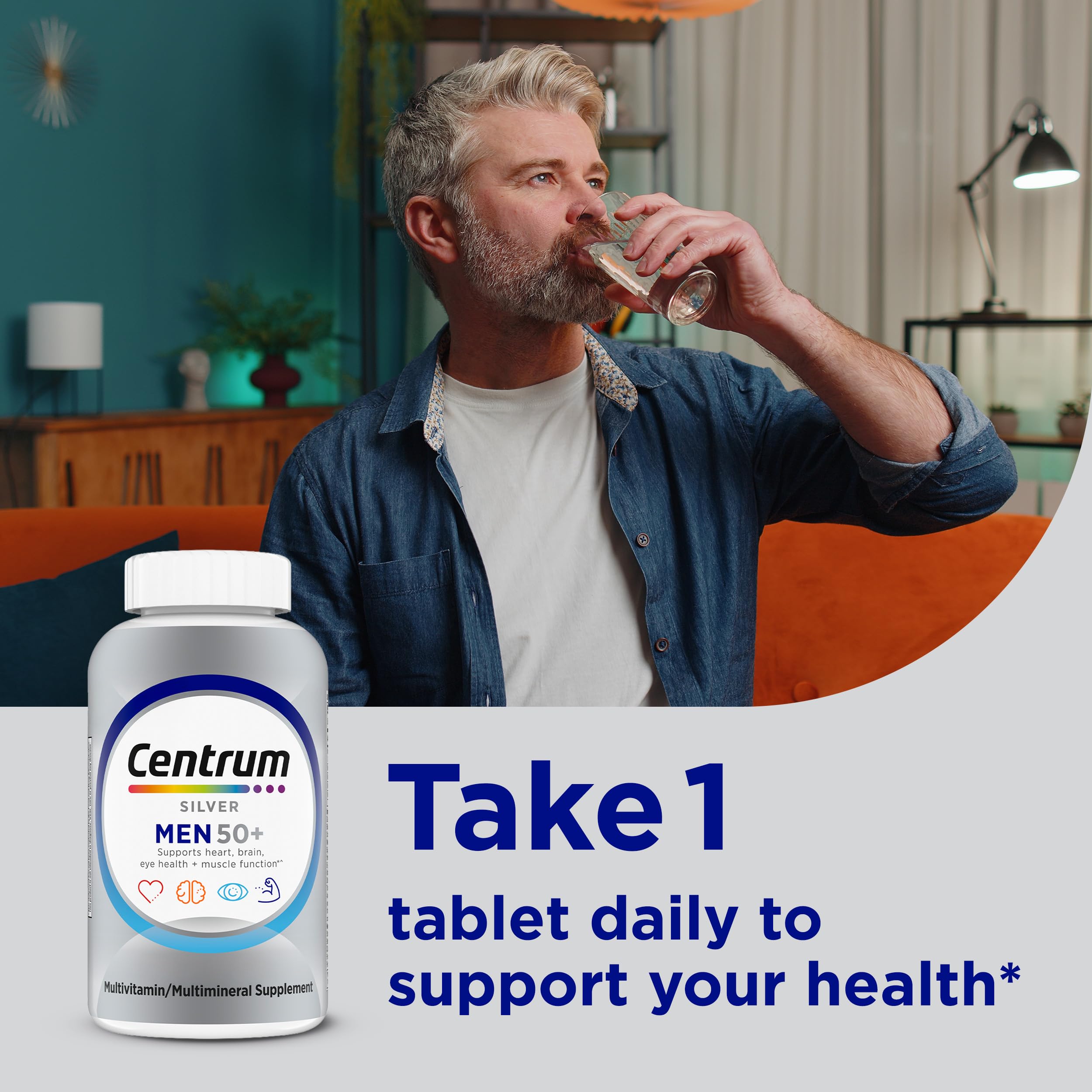Centrum Silver Men's 50+ Multivitamin with Vitamin D3, B-Vitamins, Zinc for Memory and Cognition - 200 Tablets | Contains Vitamins D3, E, B6, and B12, Gluten Free, Non-GMO Ingredients, GLP-1 Support