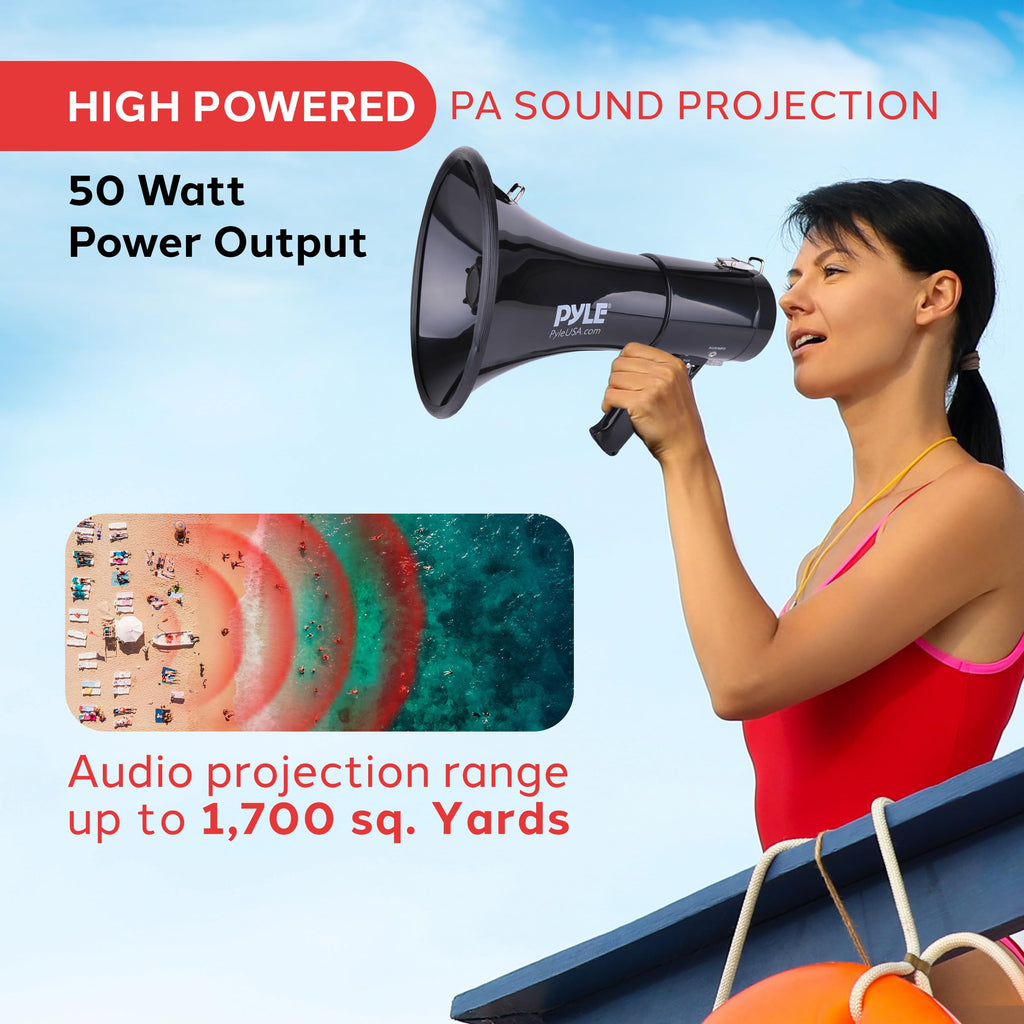 Pyle Portable Megaphone Speaker PA Bullhorn - Built-in Siren, 50W Adjustable Volume Control in 1200 Yard Range, Ideal for Any Outdoor Sports, Cheerleading Fans & Coaches, or for Safety Drills