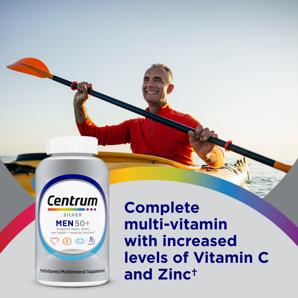 Centrum Silver Men's 50+ Multivitamin with Vitamin D3, B-Vitamins, Zinc for Memory and Cognition - 200 Tablets | Contains Vitamins D3, E, B6, and B12, Gluten Free, Non-GMO Ingredients, GLP-1 Support