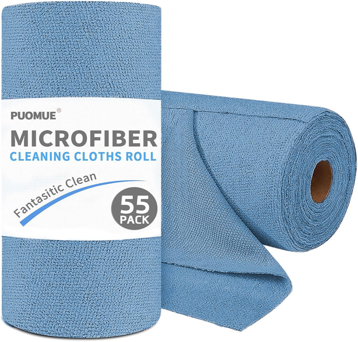 Puomue 55 Pack Microfiber Cleaning Cloth Roll, Tear Away Reusable Paper Towels, 11" x 9", Ultra Absorbent & Lint Free Microfiber Cloth for Cleaning Cars, Kitchen, Window, Home and Shop, Grey
