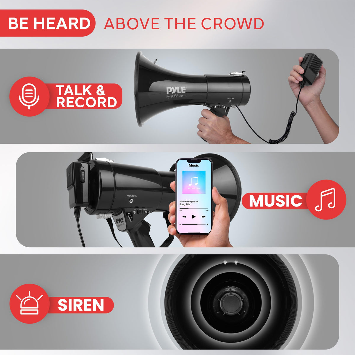 Pyle Portable Megaphone Speaker PA Bullhorn - Built-in Siren, 50W Adjustable Volume Control in 1200 Yard Range, Ideal for Any Outdoor Sports, Cheerleading Fans & Coaches, or for Safety Drills
