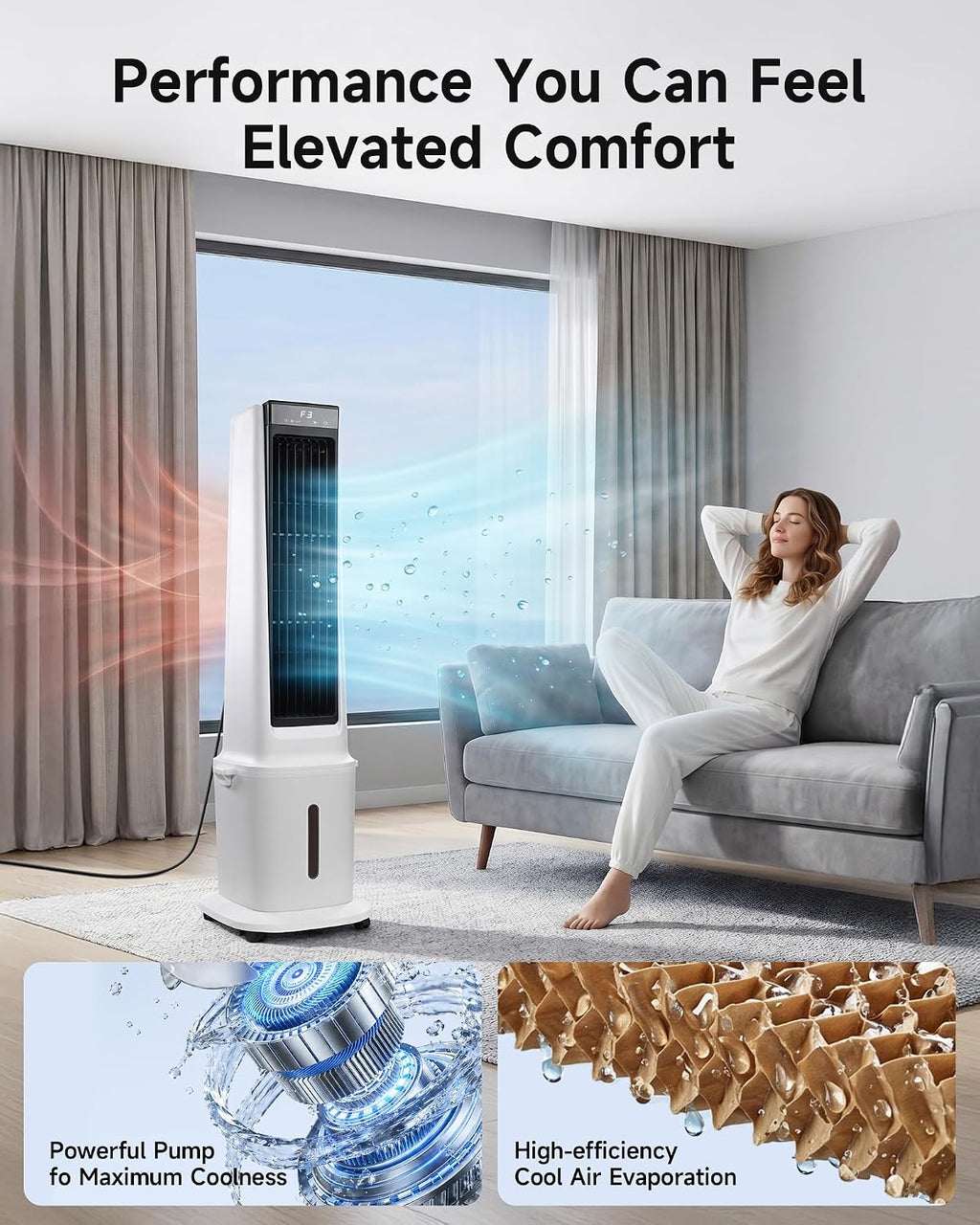 Air Choice Swamp Cooler, 46" Tower Cooling Fans that Blow Cold Air, 4.5Gal Removable Water Tank, 4 Ice Packs, 60° Oscillation, 3 Speeds, 12H Timer, Portable Evaporative Air Cooler for Bedroom Office