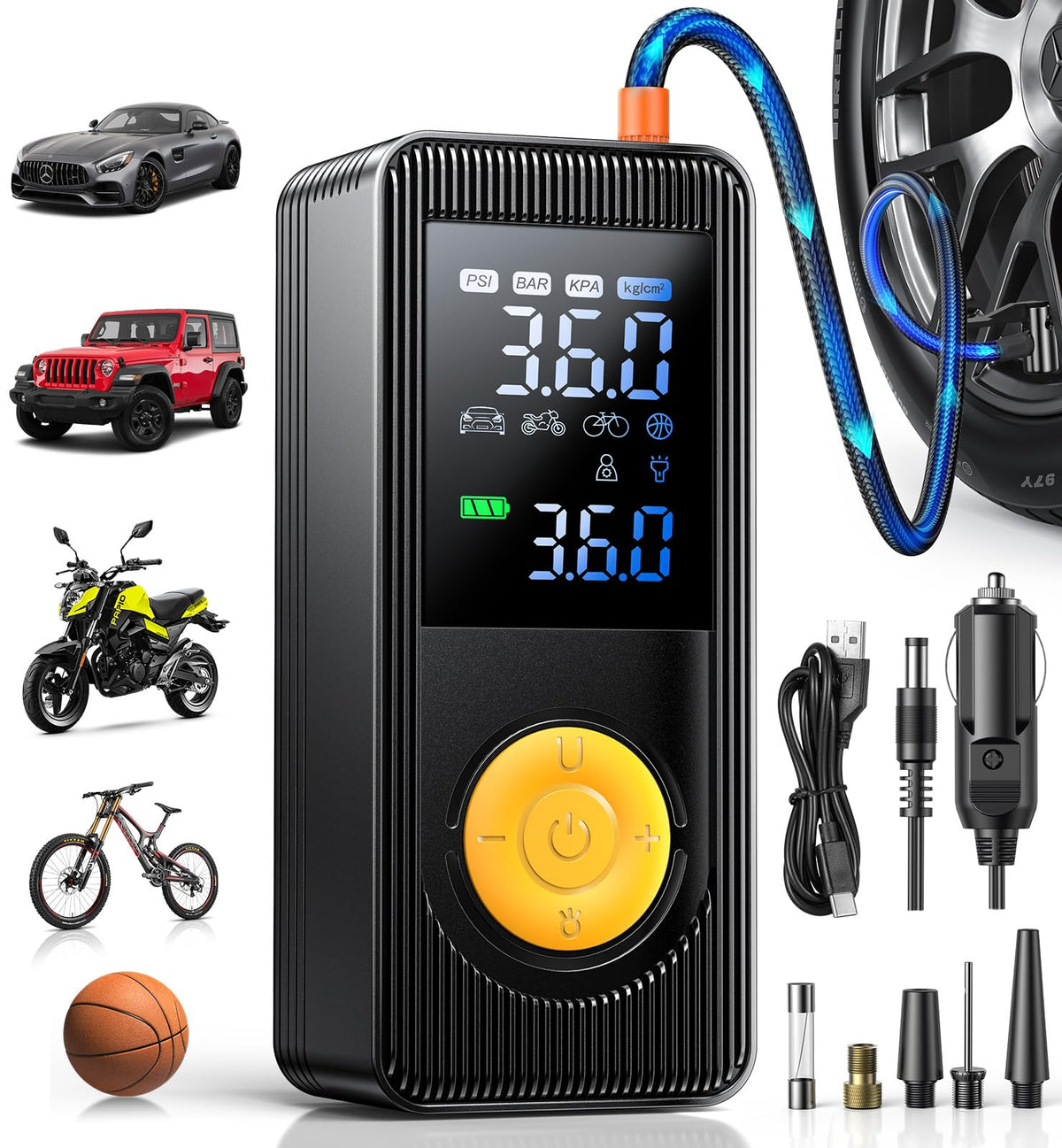 Tire Inflator Portable Air Compressor - 150 PSI 4X Fast Inflation Rechargeable Battery & 12V DC Adapter Powered Air Pump for Car Bike Motorcycle Tires Balls with LCD Display, LED Light