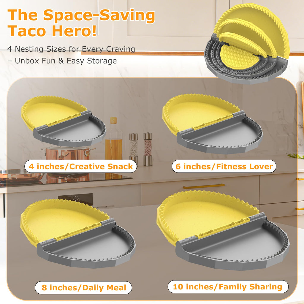 Tortilla Sealer Crimper - Quesadilla Maker for 10"+8"+6"+4" Flour Tortillas | 4pcs Press Make Sealed Taco,Quesadilla,Empanada,Burrito,Dumpling,Sandwich,BPA-Free,Dishwasher Safe (Black Yellow)