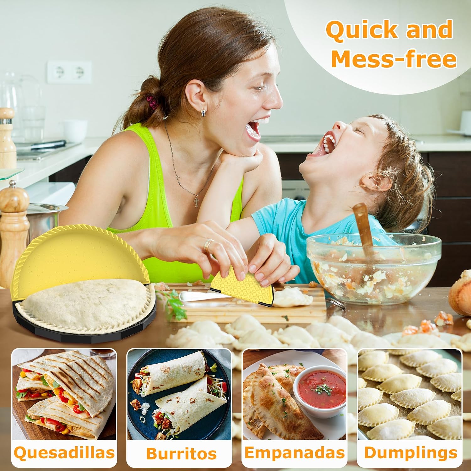 Tortilla Sealer Crimper - Quesadilla Maker for 10"+8"+6"+4" Flour Tortillas | 4pcs Press Make Sealed Taco,Quesadilla,Empanada,Burrito,Dumpling,Sandwich,BPA-Free,Dishwasher Safe (Black Yellow)