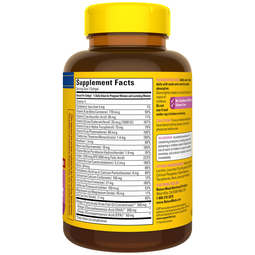 Nature Made Prenatal Vitamins for Women with Folic Acid + DHA, 110 Softgels | Prenatal Vitamin and Mineral Supplement for Daily Nutritional Support, With Folic Acid and 19 Other Nutrients, 110 Day Supply