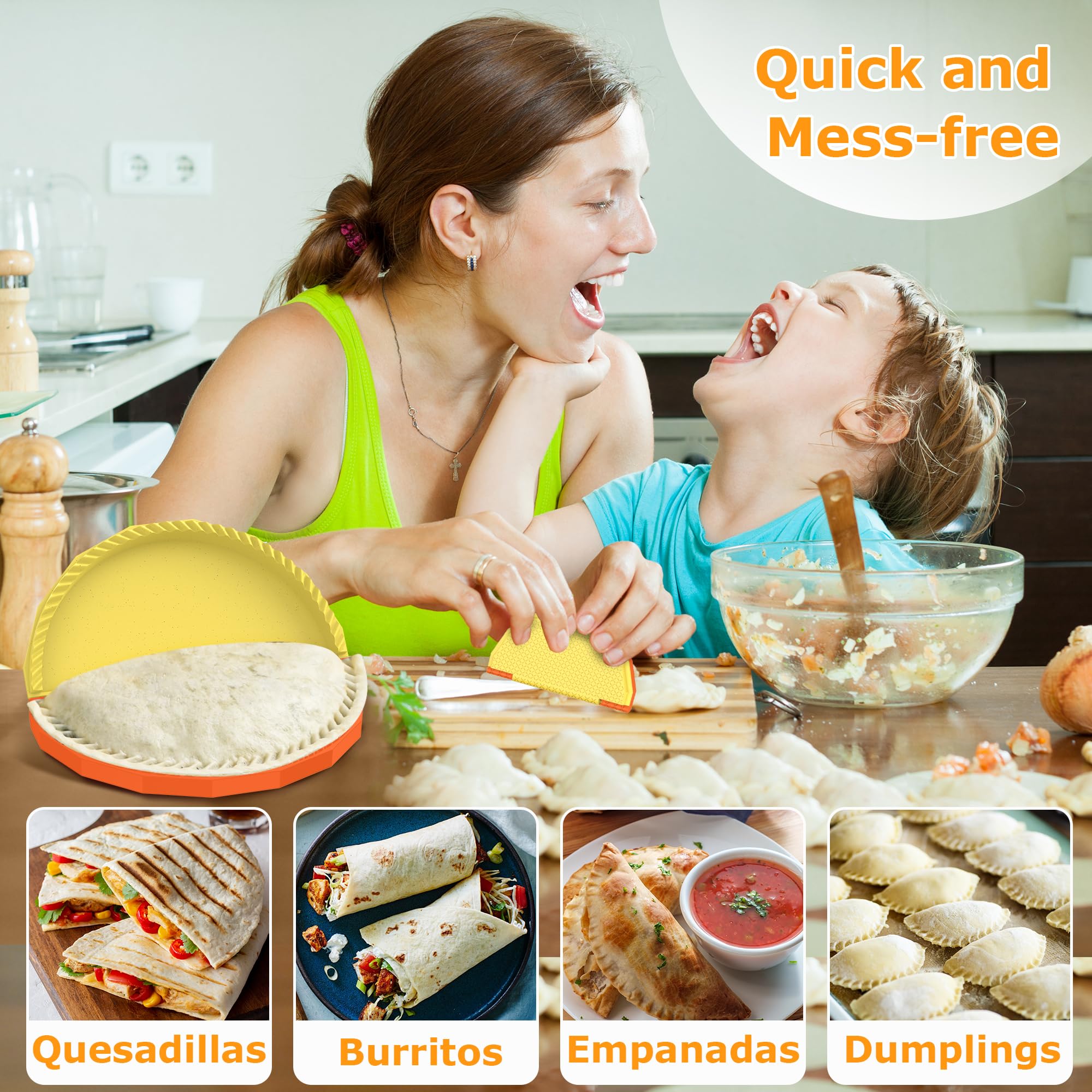 Tortilla Sealer Crimper - Quesadilla Maker for 10"+8"+6"+4" Flour Tortillas | 4pcs Press Make Sealed Taco,Quesadilla,Empanada,Burrito,Dumpling,Sandwich,BPA-Free,Dishwasher Safe (Black Yellow)