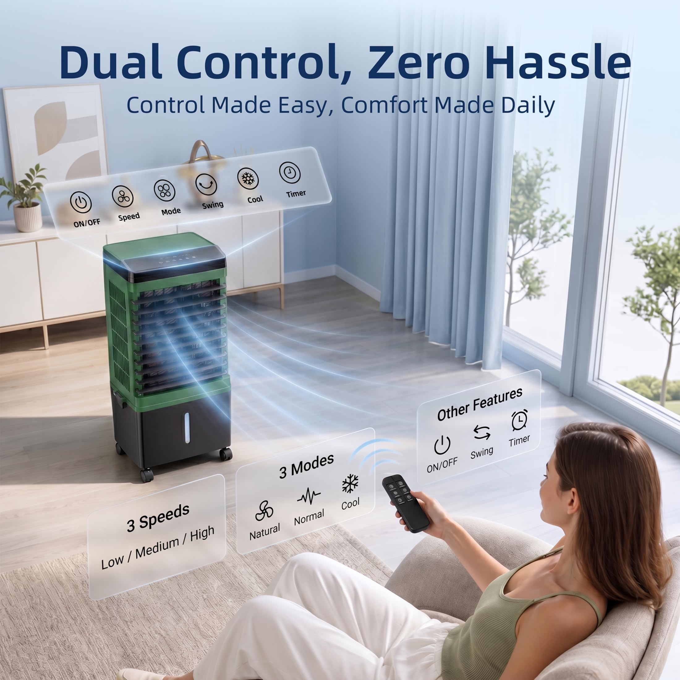 Swamp Cooler, 1800 CFM Windowless Portable Air Conditioner with 5.3 Gal Water Tank, 120° Swing, 12H Timer, 3-IN-1 Evaporative Air Cooler for 600 Sq.ft, Cooling Fan, AC Unit for Room, Office, Bedroom