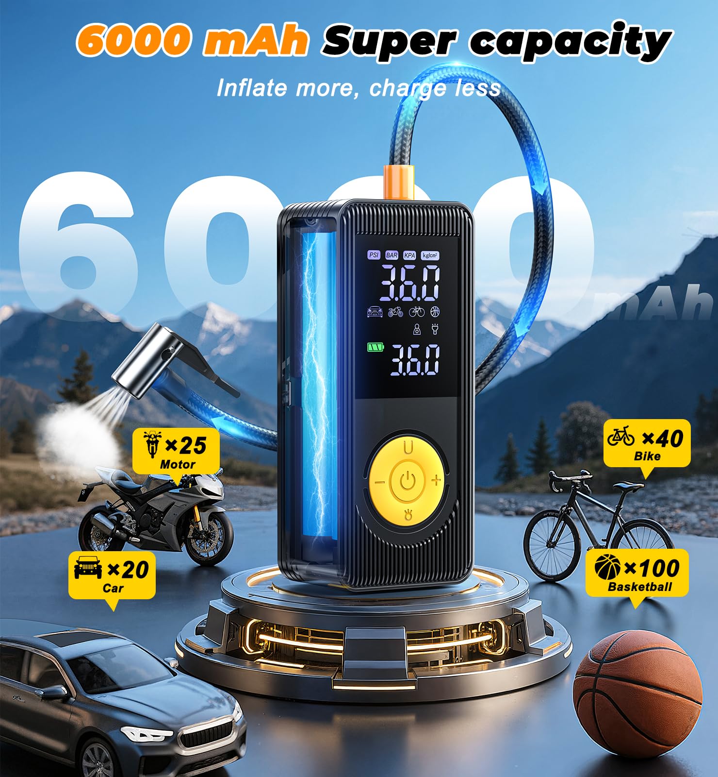 Tire Inflator Portable Air Compressor - 150 PSI 4X Fast Inflation Rechargeable Battery & 12V DC Adapter Powered Air Pump for Car Bike Motorcycle Tires Balls with LCD Display, LED Light