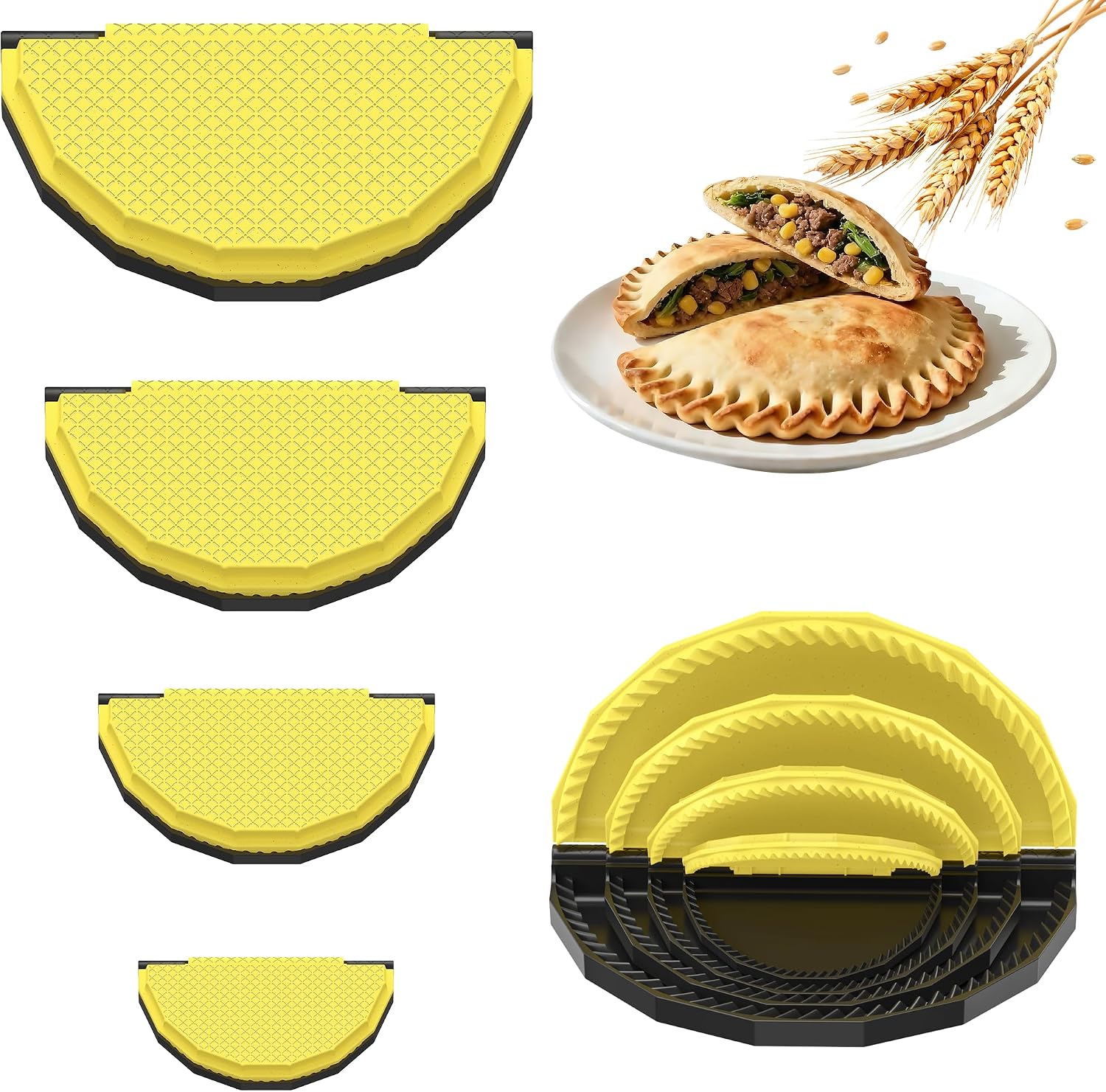 Tortilla Sealer Crimper - Quesadilla Maker for 10"+8"+6"+4" Flour Tortillas | 4pcs Press Make Sealed Taco,Quesadilla,Empanada,Burrito,Dumpling,Sandwich,BPA-Free,Dishwasher Safe (Black Yellow)