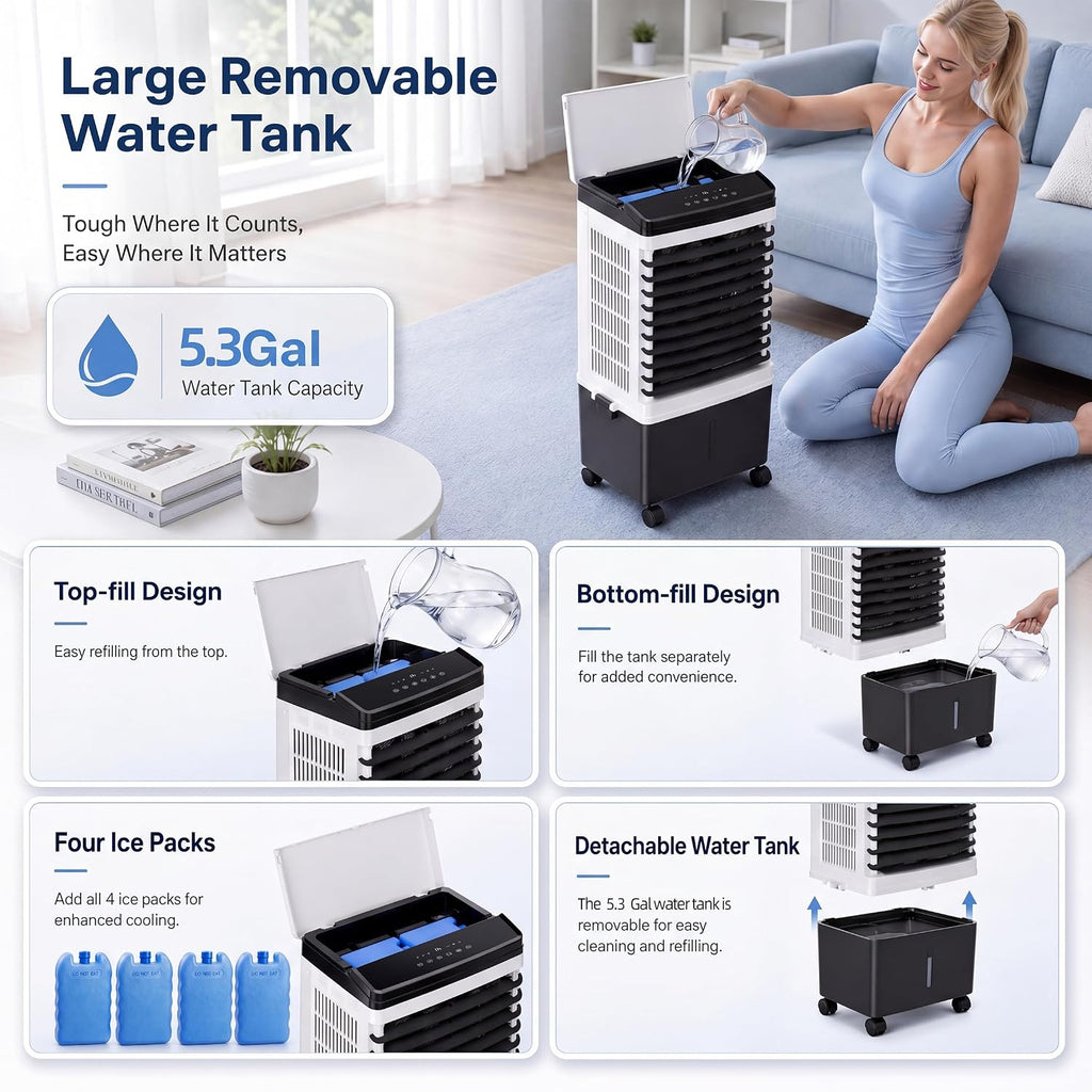 Swamp Cooler, 1800 CFM Windowless Portable Air Conditioner with 5.3 Gal Water Tank, 120° Swing, 12H Timer, 3-IN-1 Evaporative Air Cooler for 600 Sq.ft, Cooling Fan, AC Unit for Room, Office, Bedroom